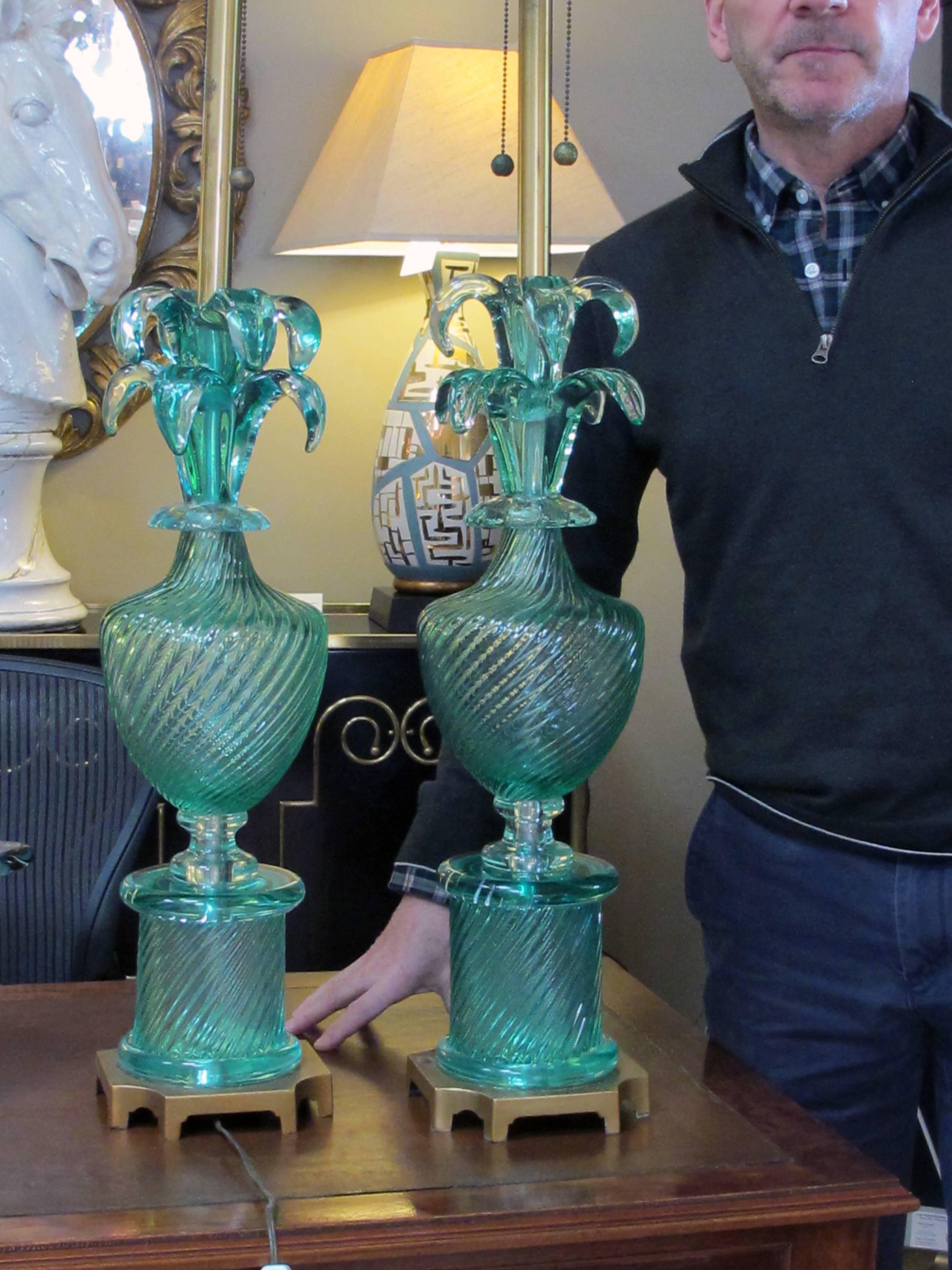 Stunning Pair of Murano 1960s Baluster-Form Aqua Glass Lamps by Marbro Lamp Co 1