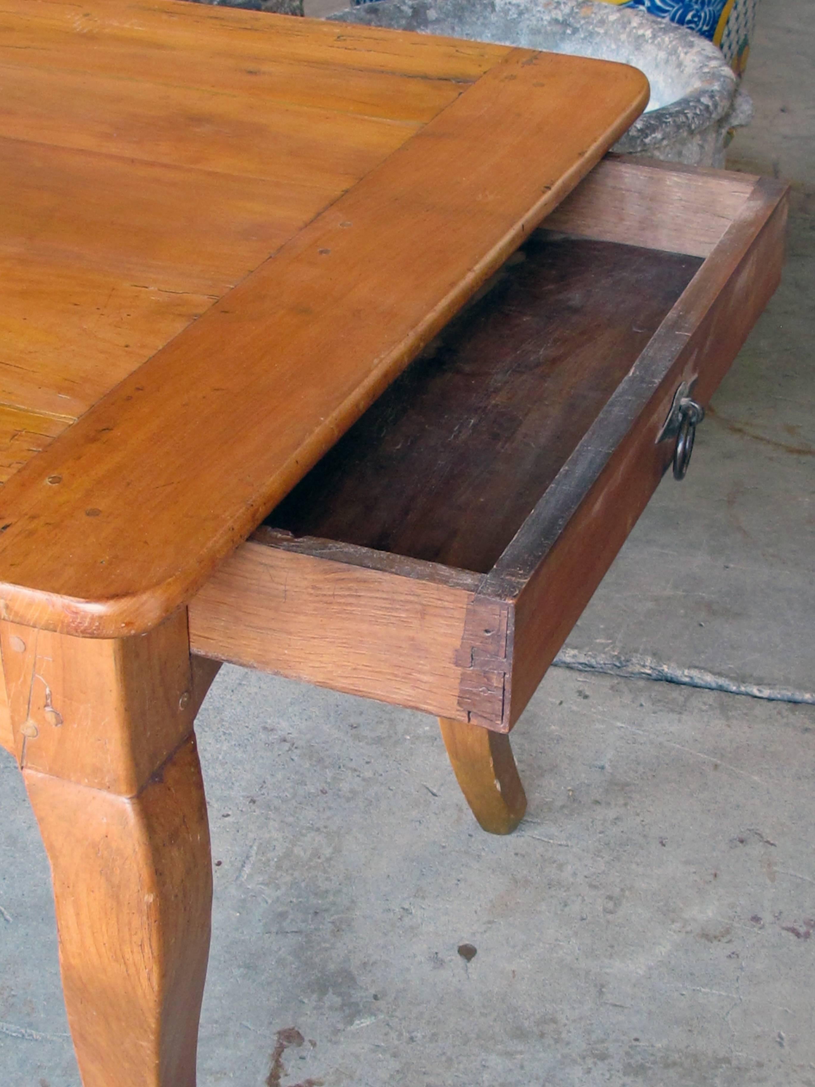 19th Century Rustic and Sturdy French Country Cherrywood Farm Table with Drawer and Slide