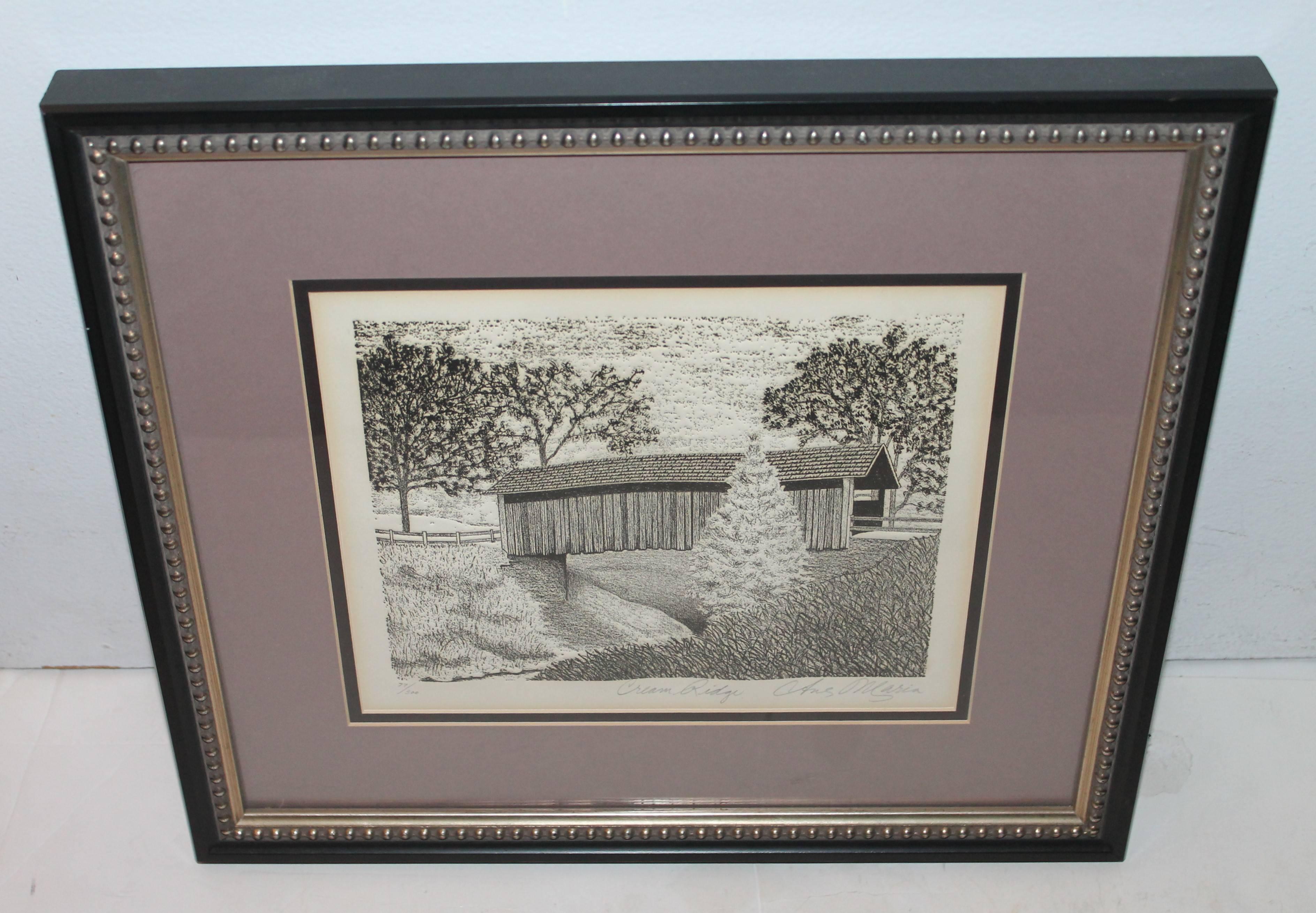 This amazing etching of a covered bridge in Cream Ridge, New Jersey. It is in upper Freehold Township in Monmouth County, New Jersey. This is a big farmland area. This is signed by the artist Chris Maria and numbered 77. The detail and the work is