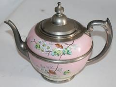 Rare 19th Century Painted Enamel and Pewter Tea Pot