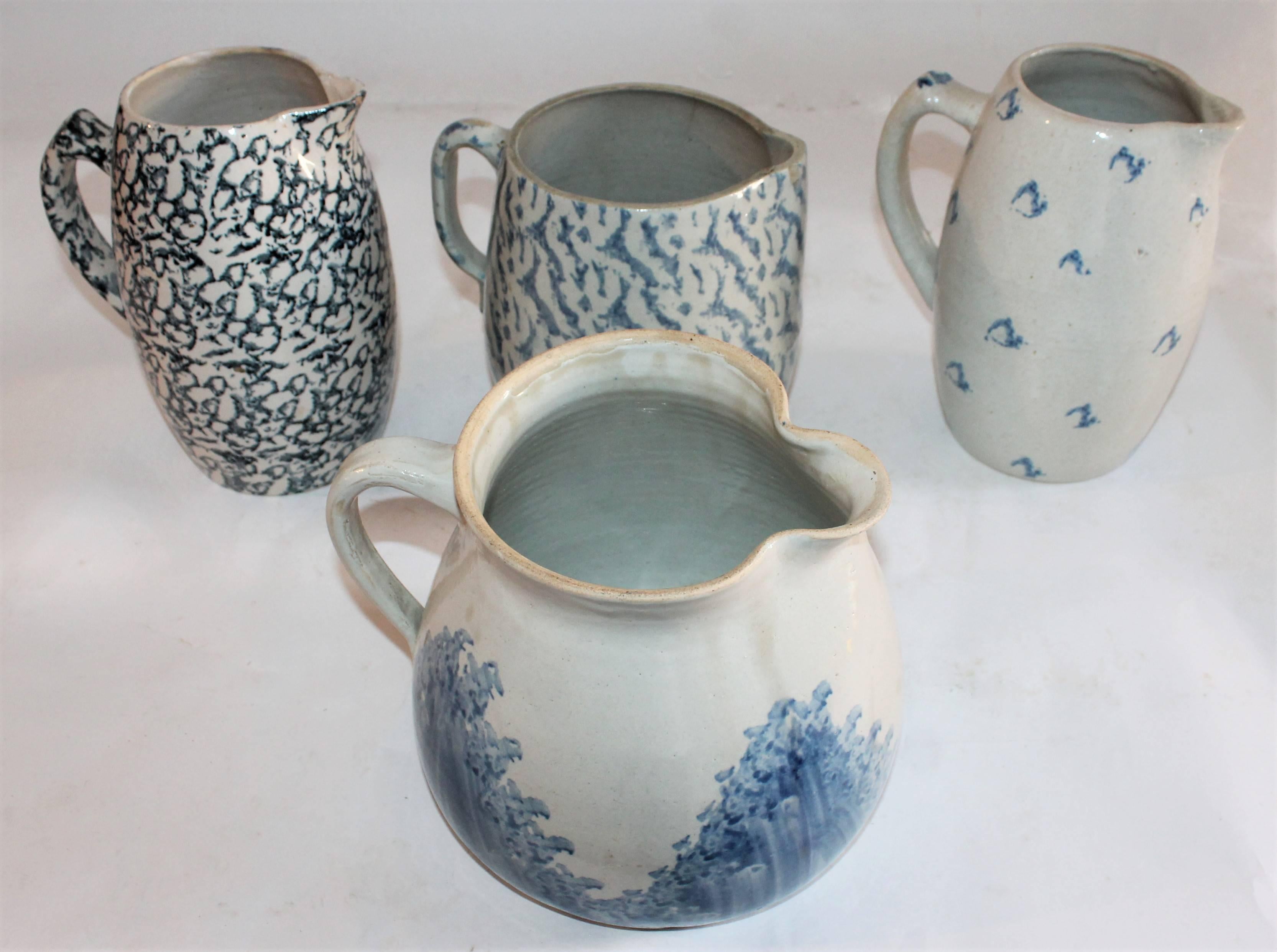 American Collection of Four 19th Century Sponge Ware Pottery Pitchers