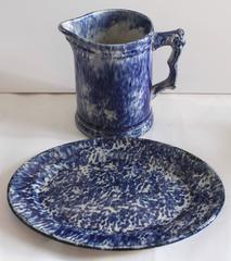 19th Century Sponge Ware Pottery Platter & Water Pitcher