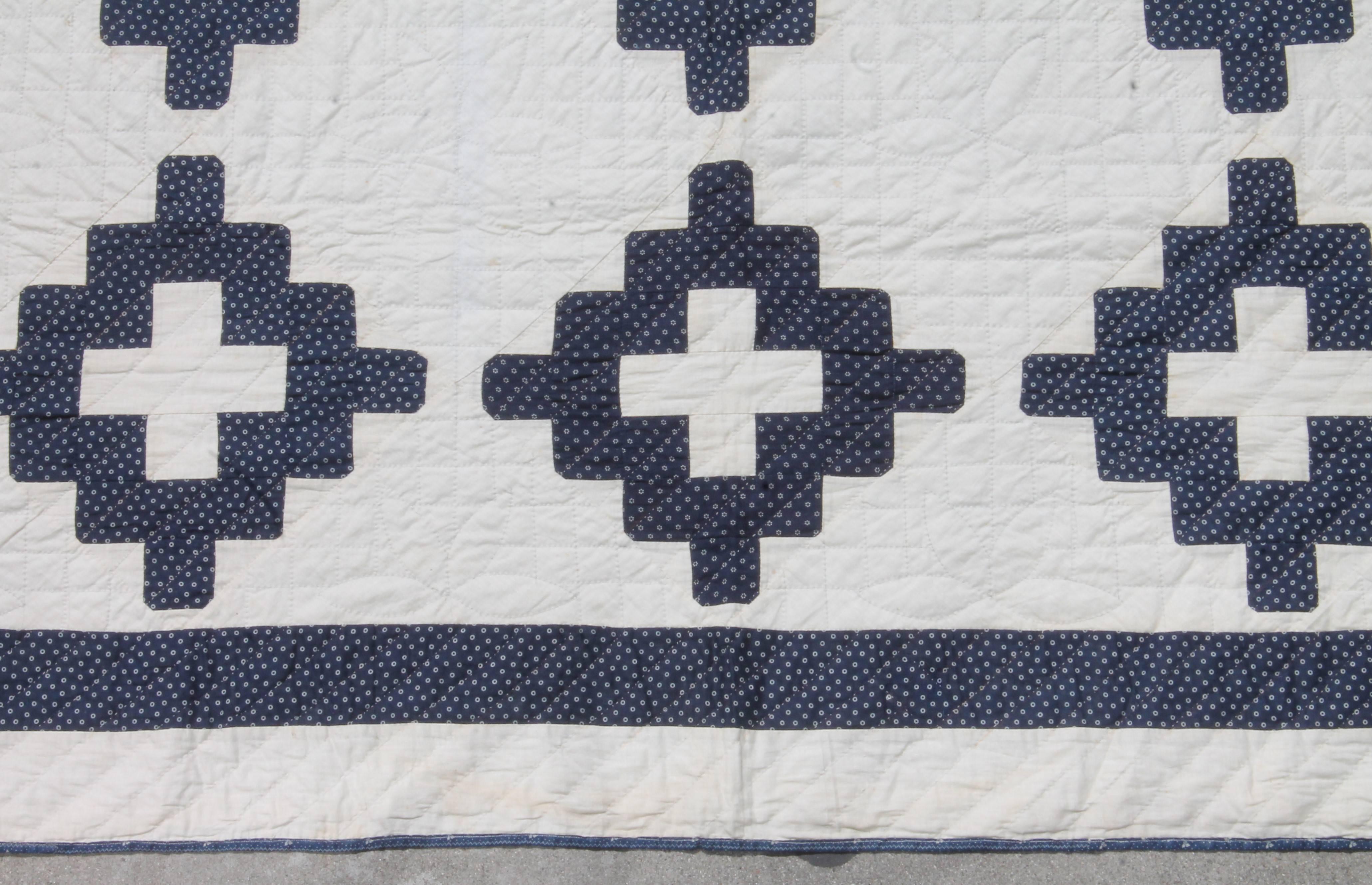 Hand-Crafted 19th Century Pristine Blue and White Chimney Sweep Quilt