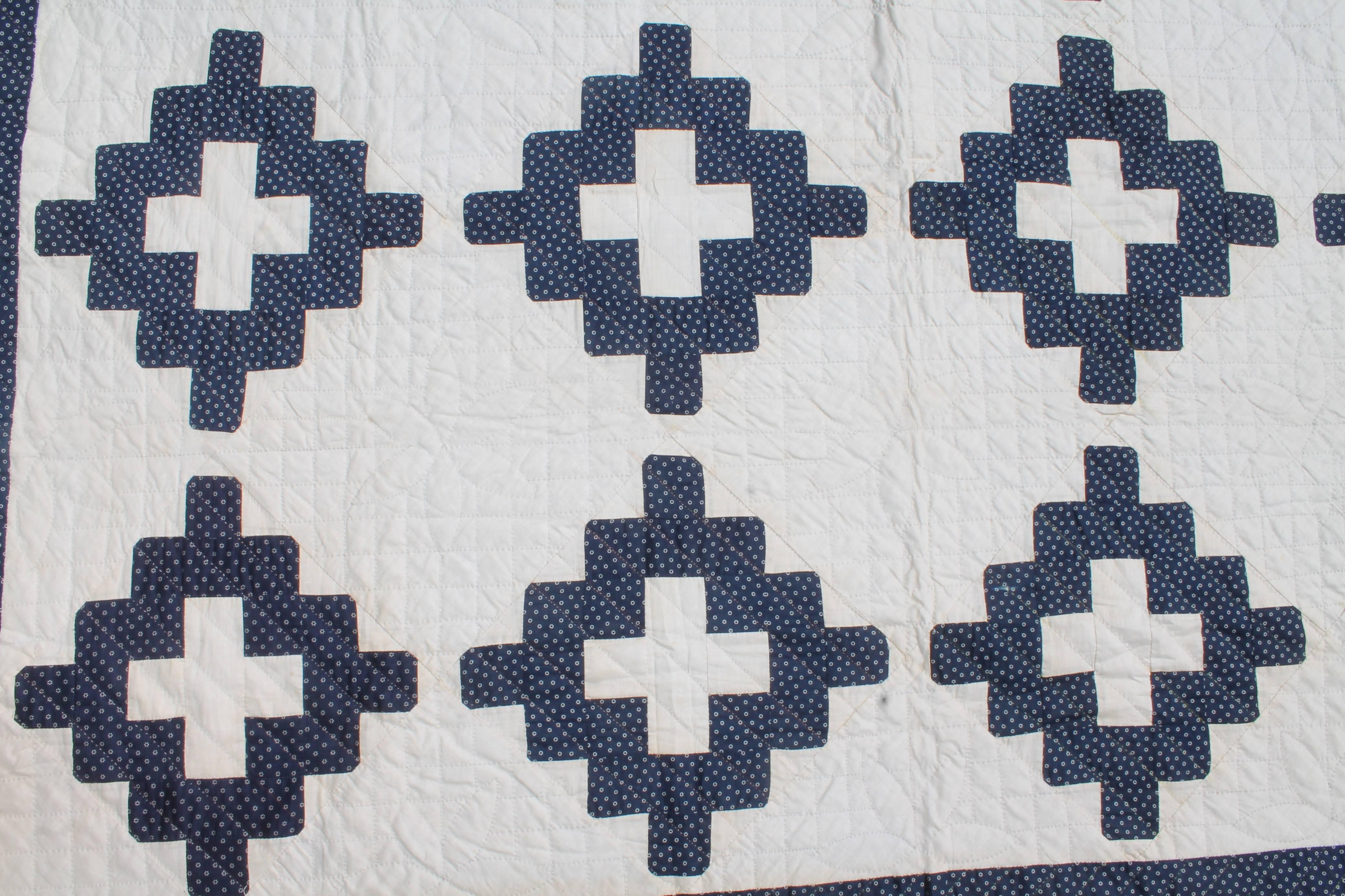 Country 19th Century Pristine Blue and White Chimney Sweep Quilt