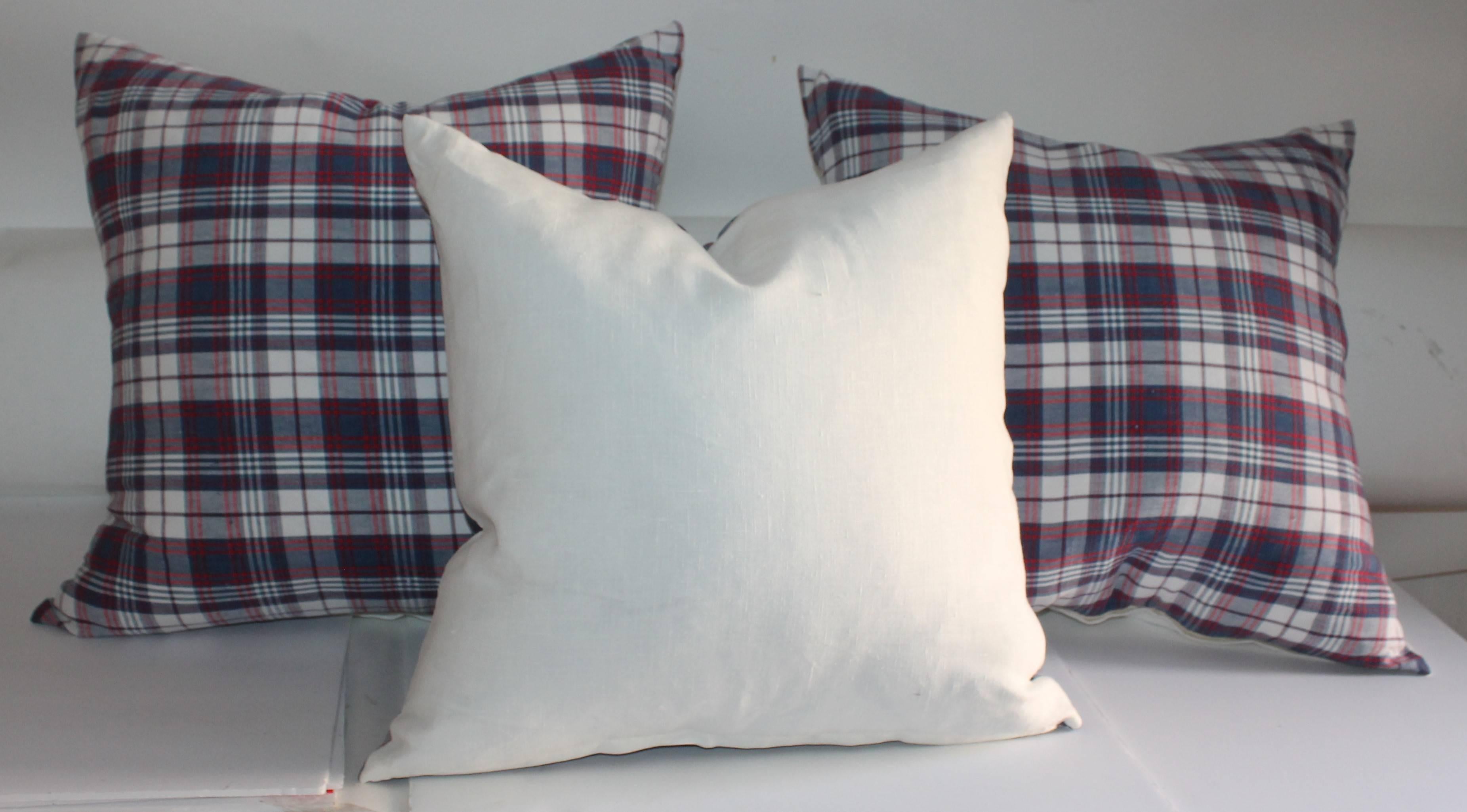 Hand-Crafted 19th Century Plaid Linen Ticking Pillows For Sale