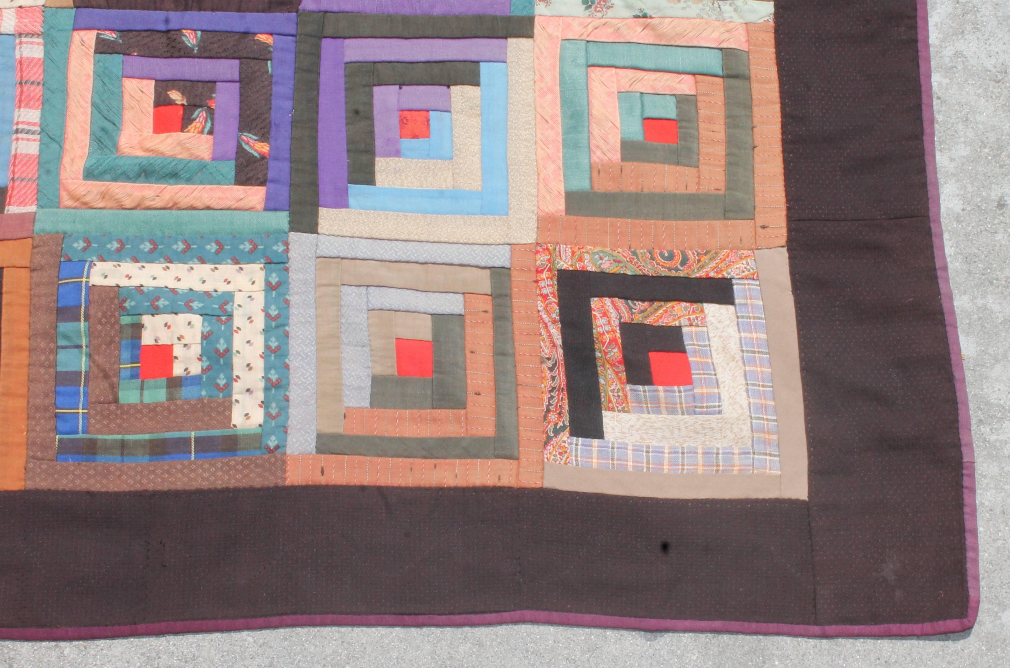 19th Century Wool Log Cabin Quilt In Good Condition In Los Angeles, CA