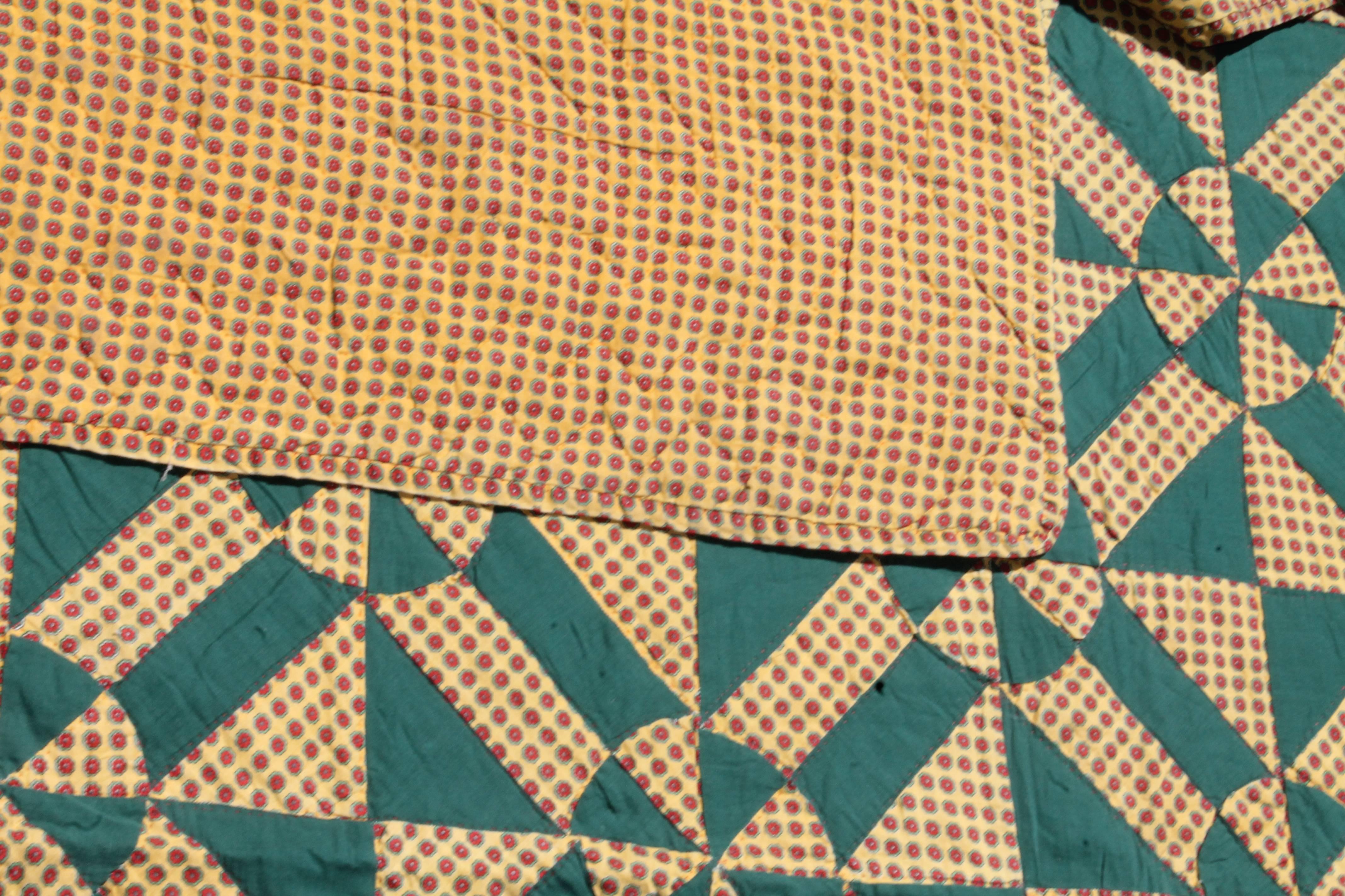 Hand-Crafted 19th Century, Geometric Pinwheels Green and Tan Quilt