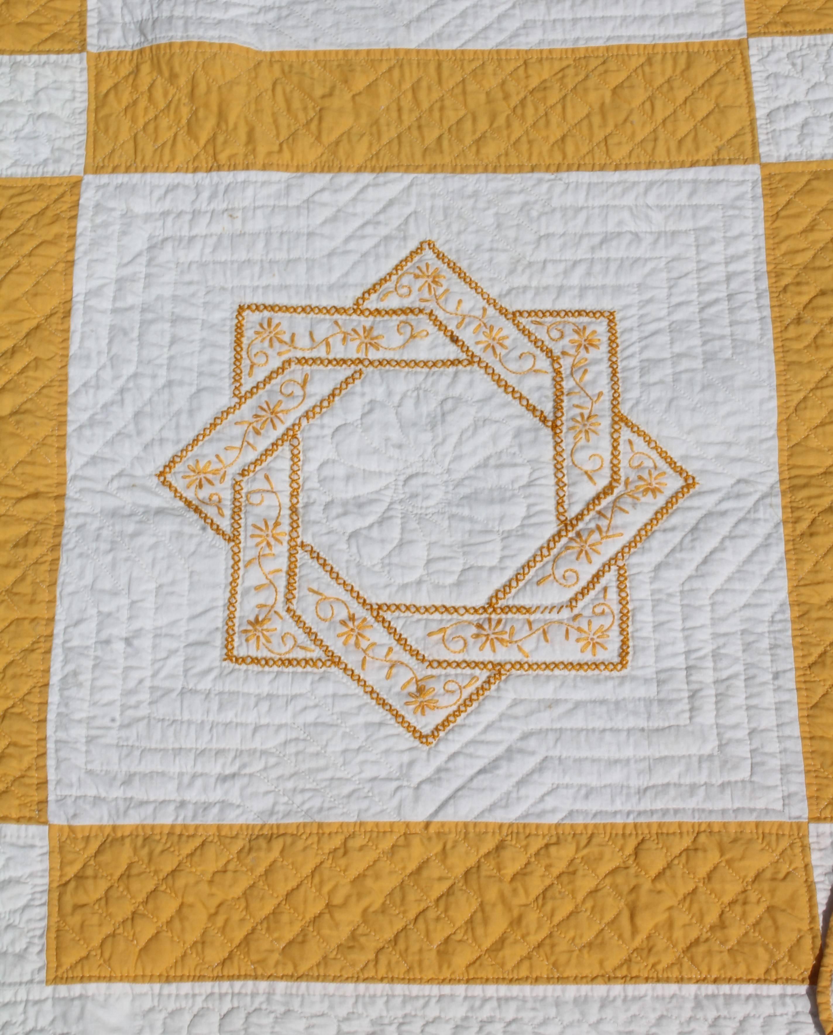 Hand-Crafted Early Fancy Quilted and Embroidered Golden Rod Qulit Embroidery