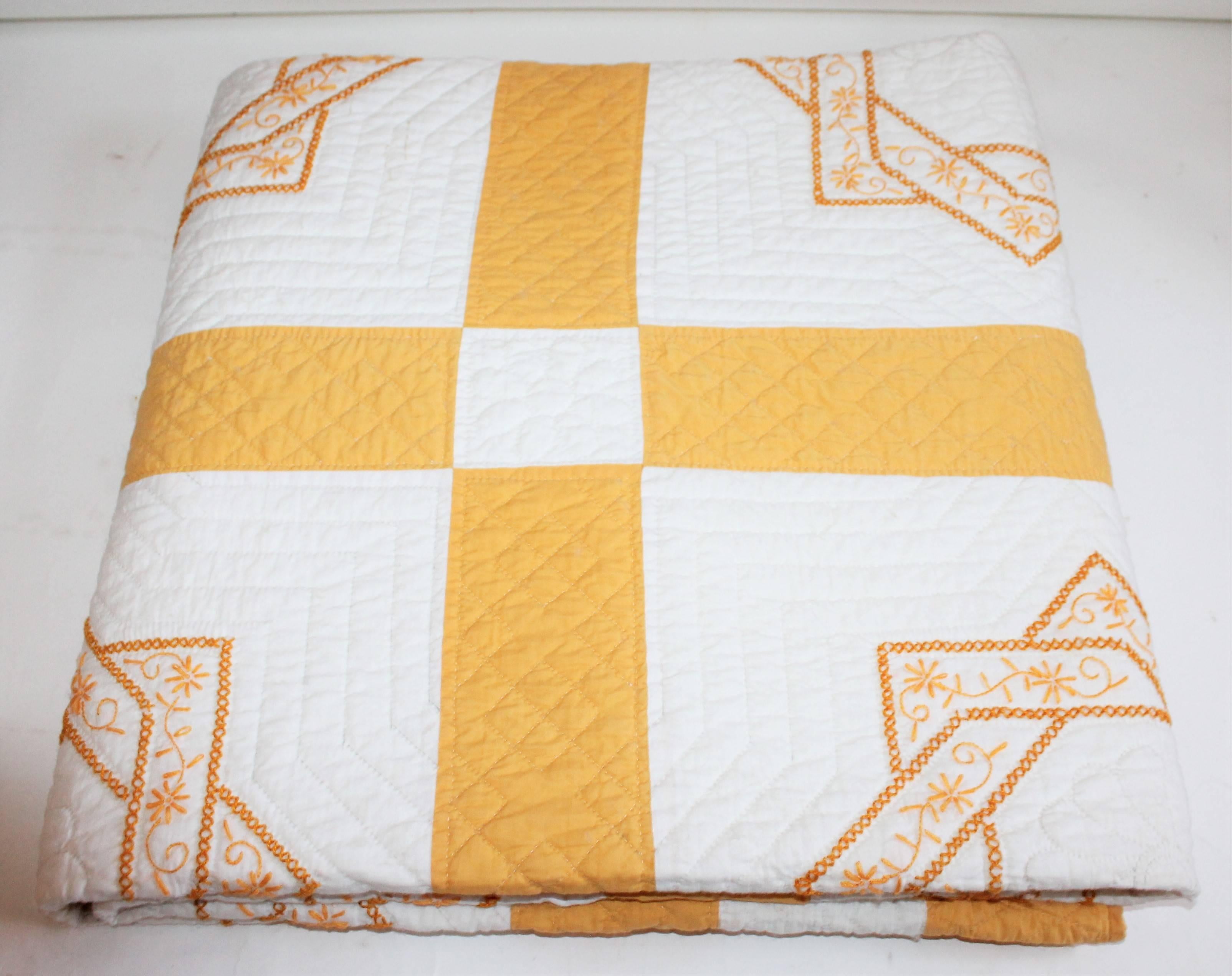 Early Fancy Quilted and Embroidered Golden Rod Qulit Embroidery In Excellent Condition In Los Angeles, CA