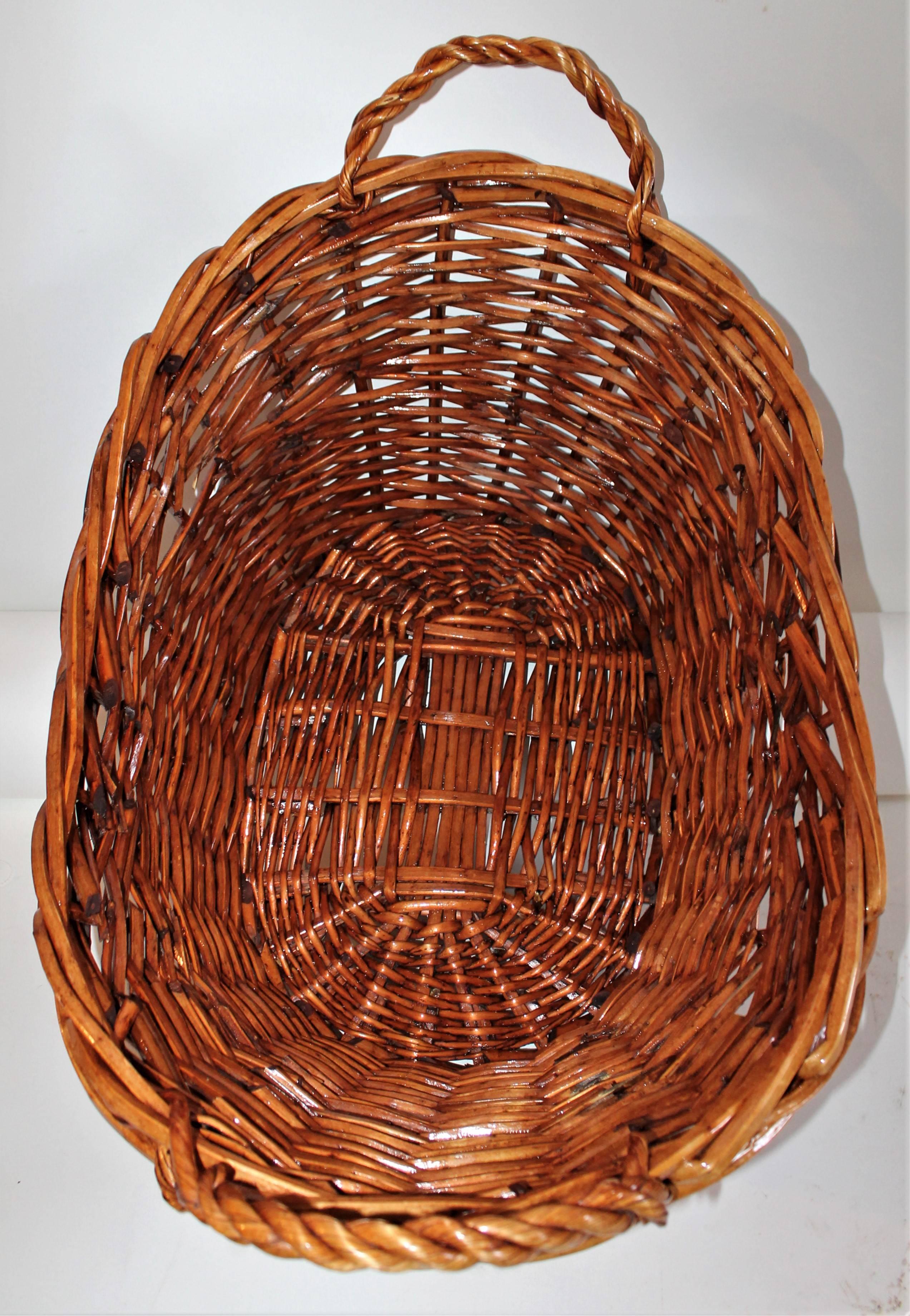 Varnished 19th Century Willow Laundry Basket with Double Handles