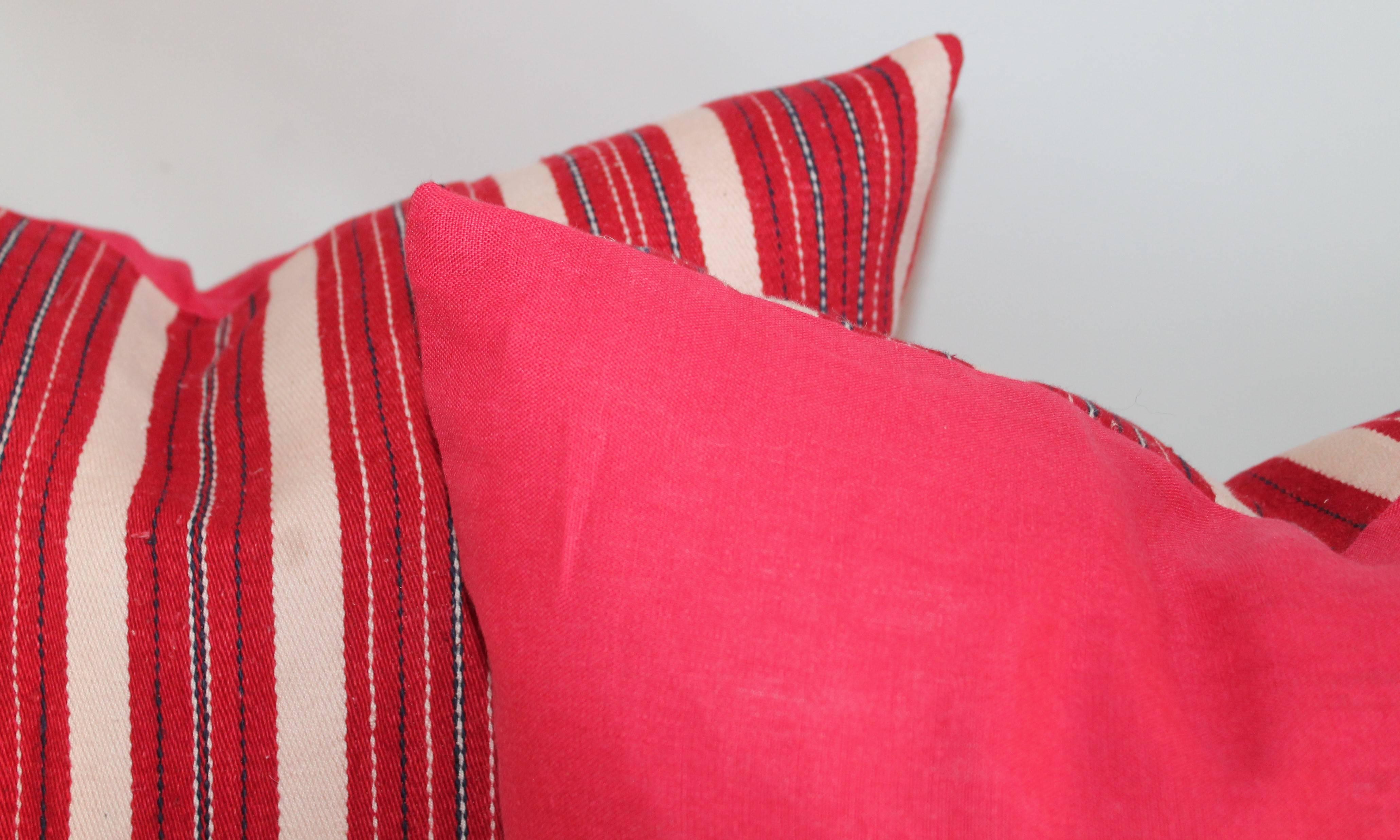American Red Ticking 19th Century Pillows, Pair For Sale