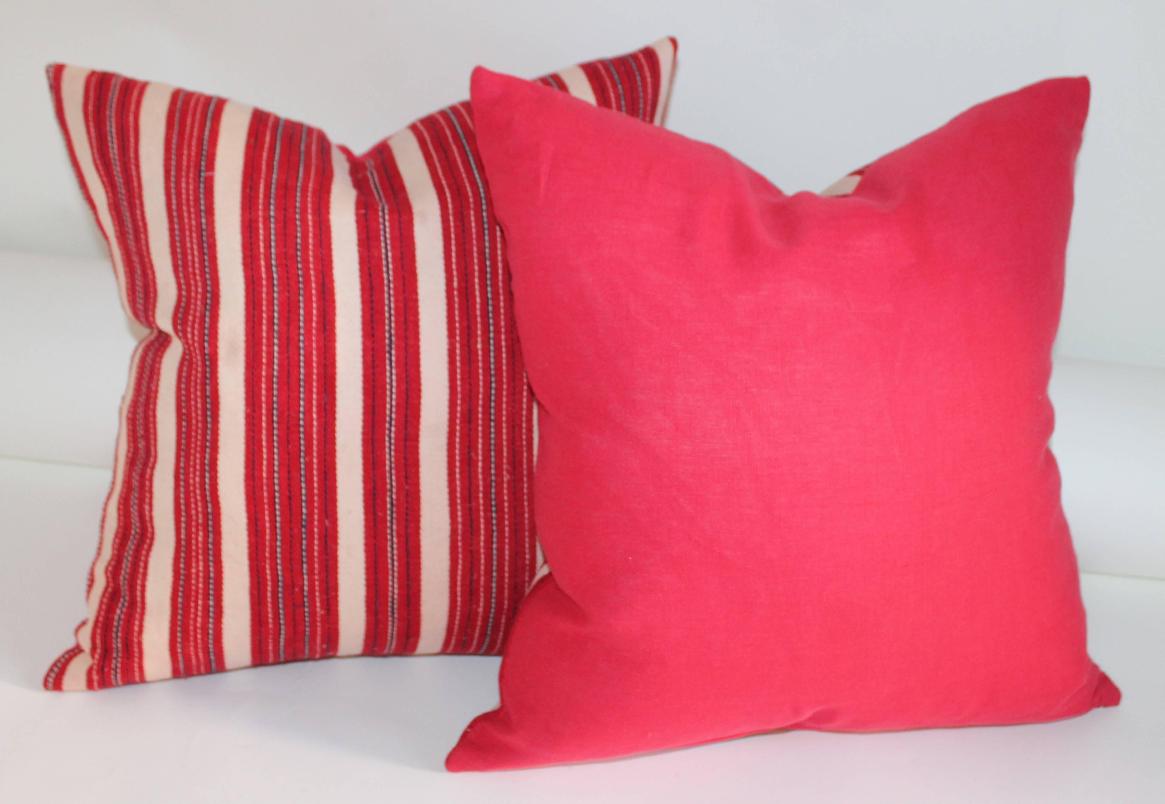 Adirondack Red Ticking 19th Century Pillows, Pair For Sale