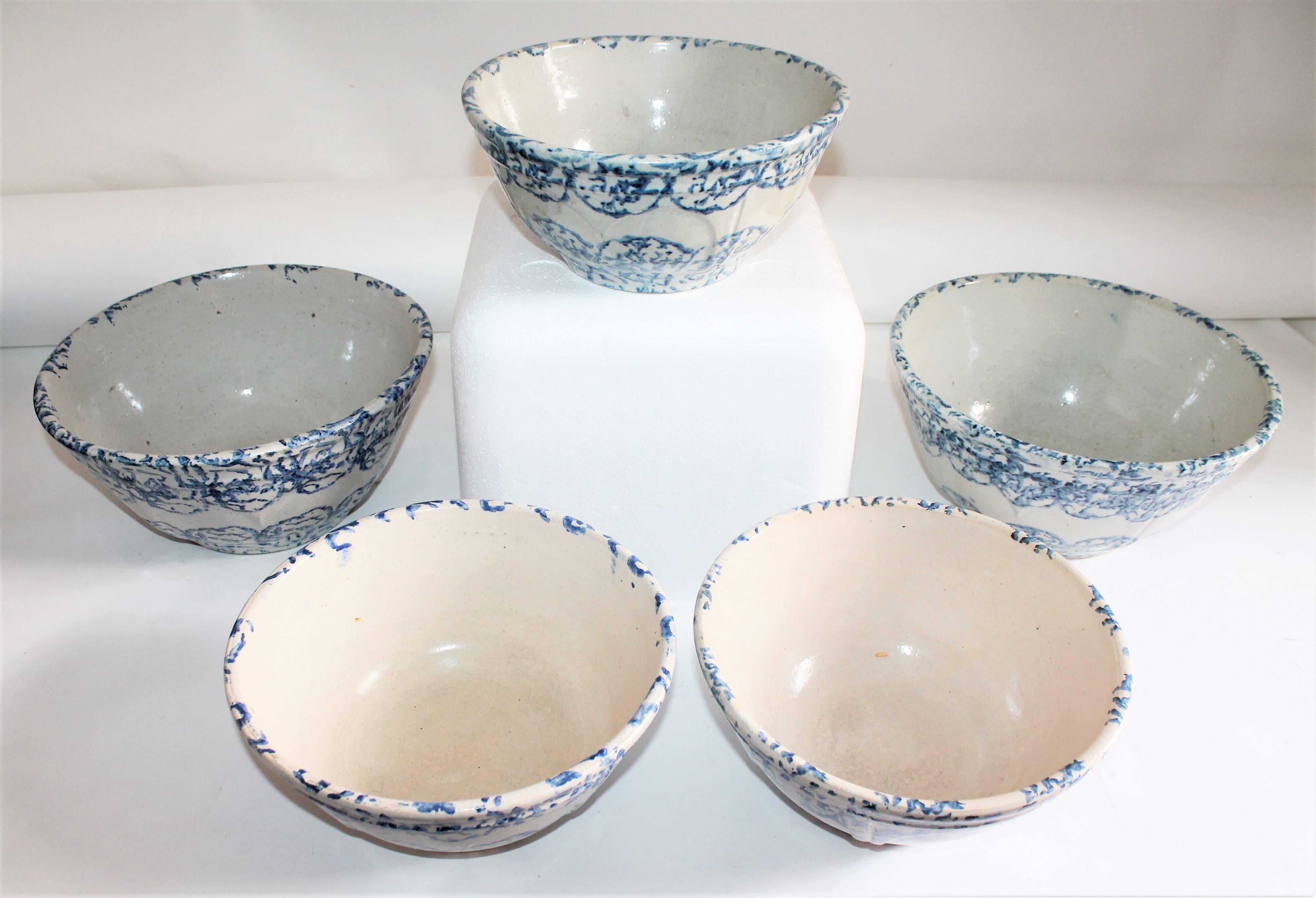 Country 19th Century, Sponge Ware Pottery Collection of Mixing Bowls For Sale