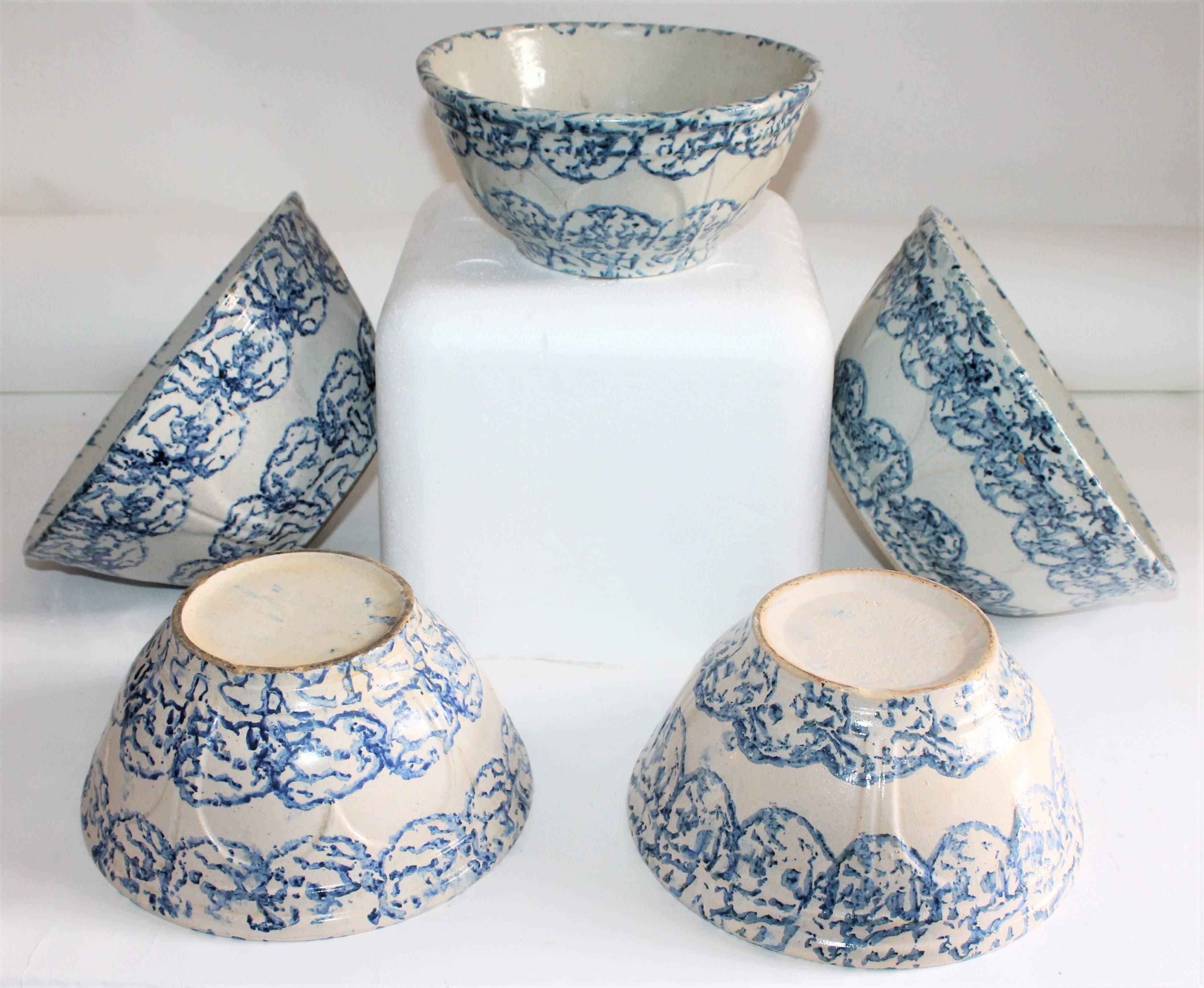 This fine group of five decorated sponge ware pottery bowls are all in good condition. Sold as a collection of five with design sponge pattern. All in mint condition.