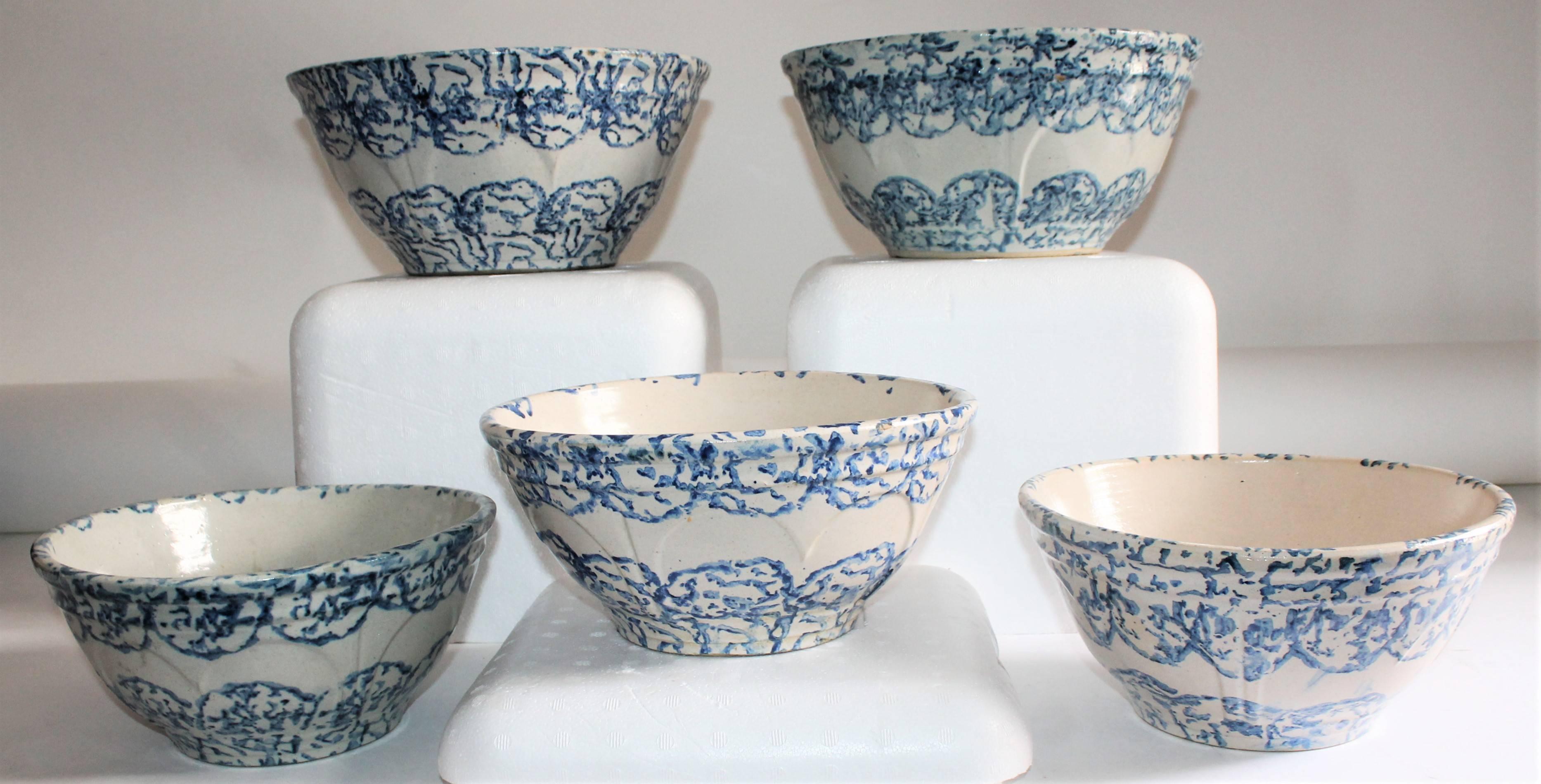 American 19th Century, Sponge Ware Pottery Collection of Mixing Bowls For Sale