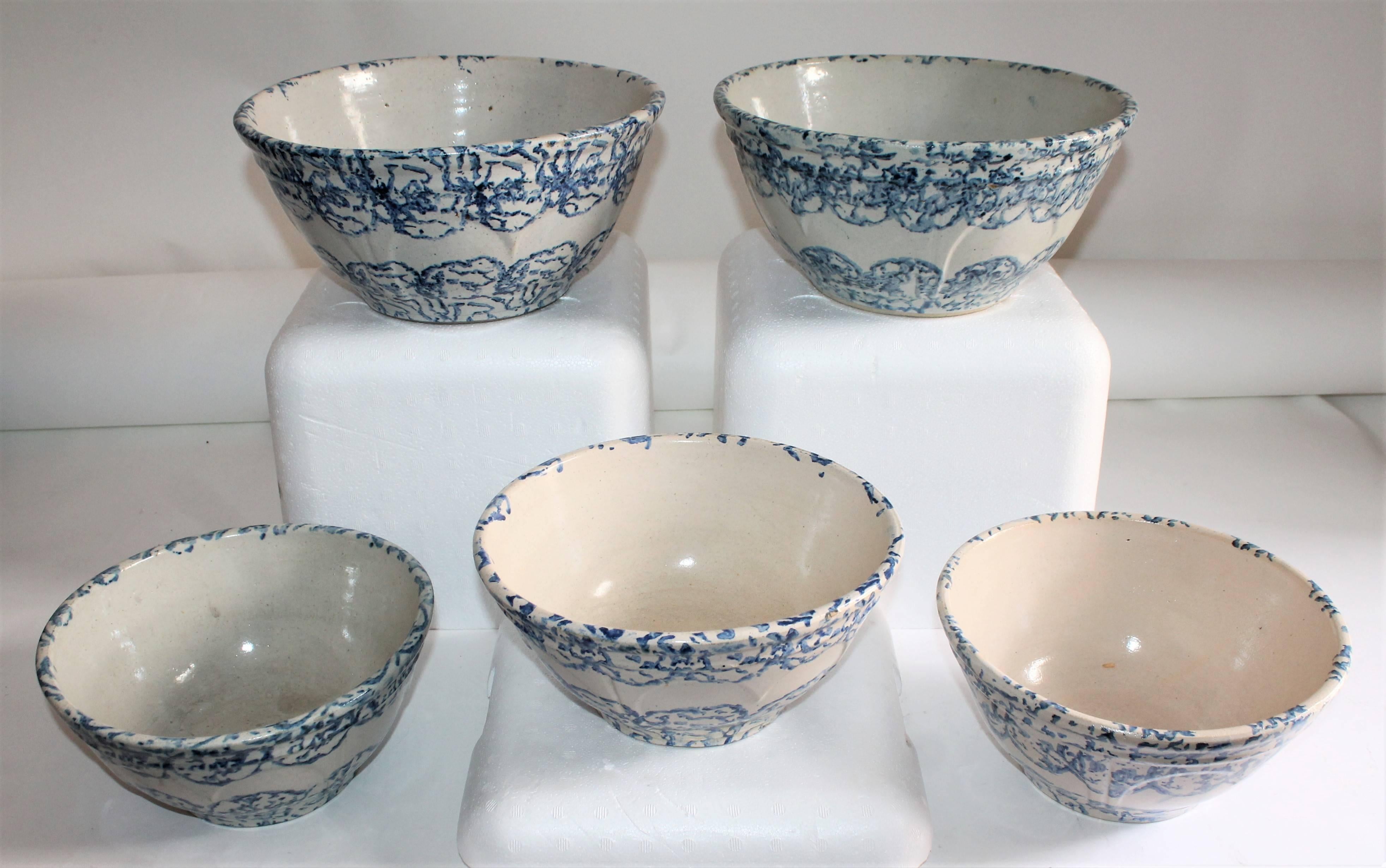 Hand-Painted 19th Century, Sponge Ware Pottery Collection of Mixing Bowls For Sale