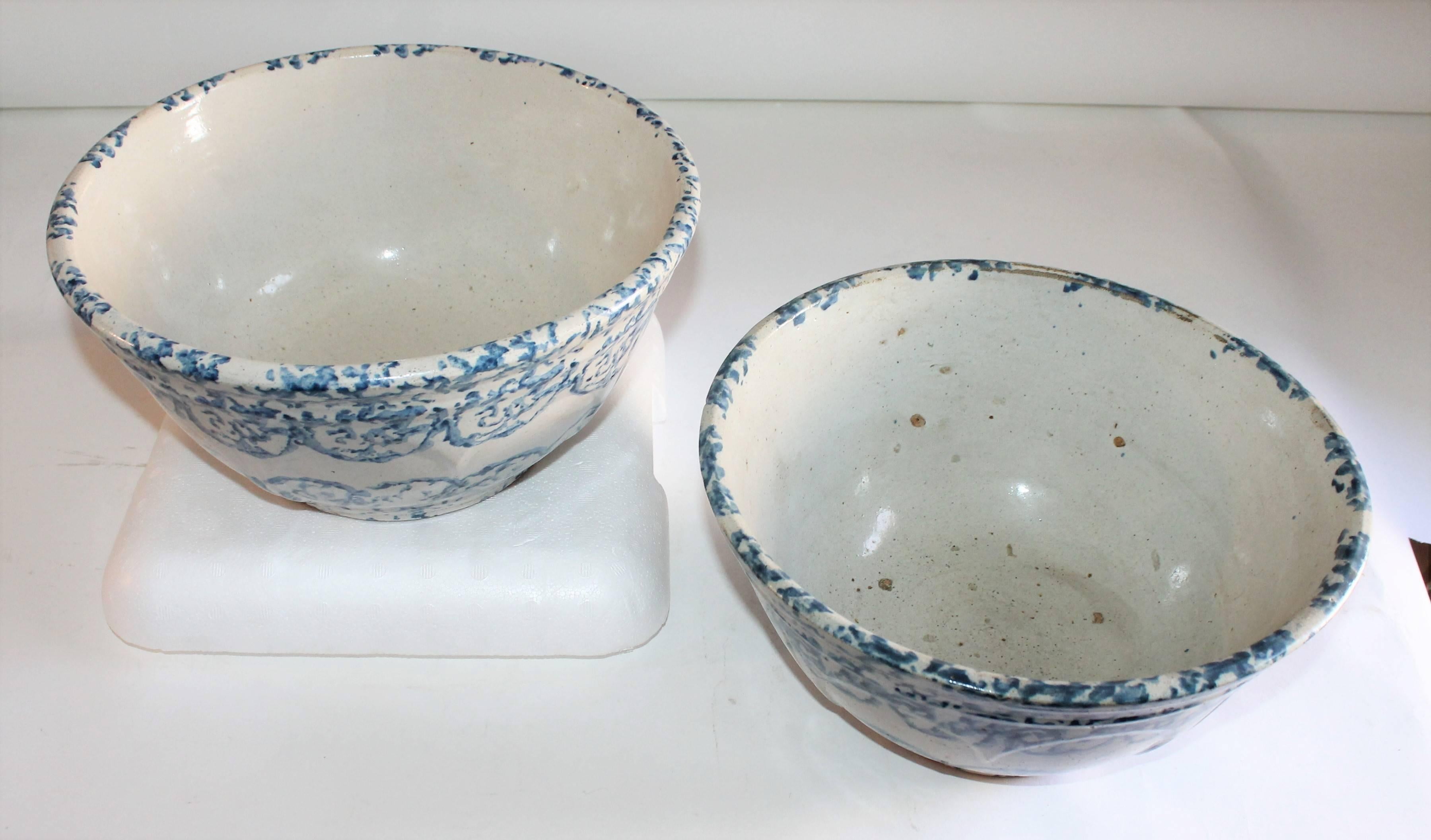 Country 19th Century Spongeware Large Mixing Bowls