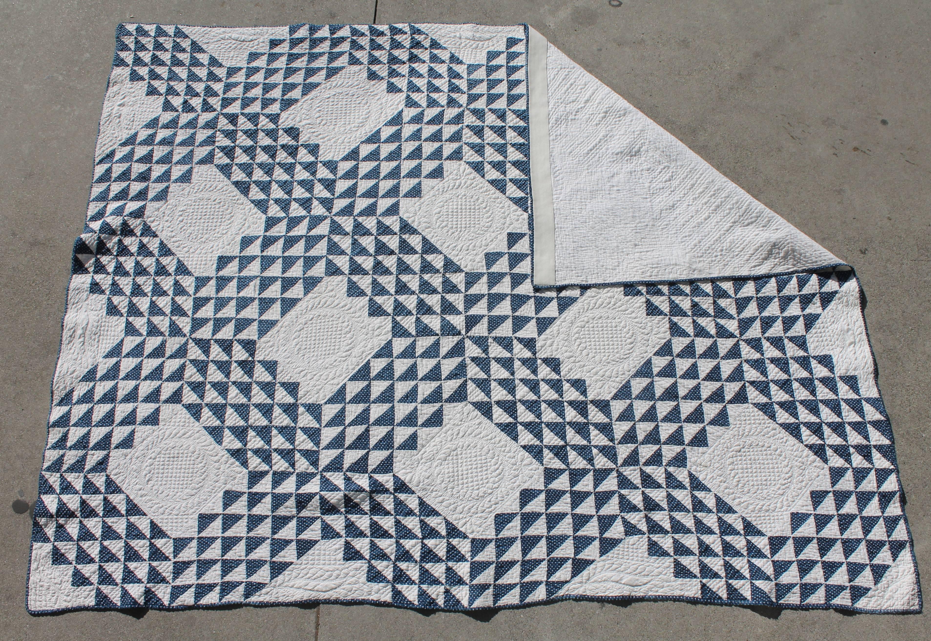 20th Century Vintage Quilt Blue and White Ocean Waves