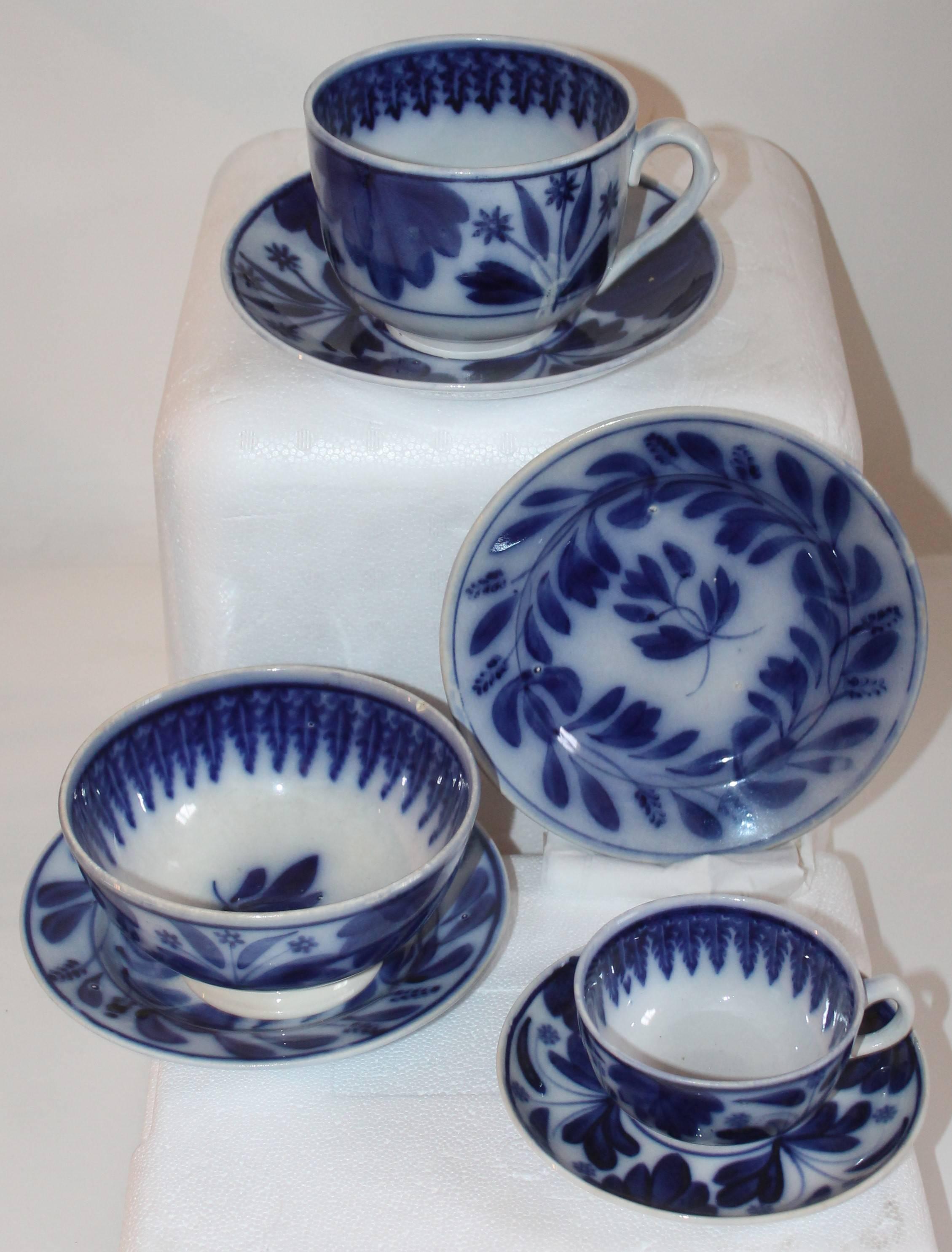 Set of seven flow blue collection in mint condition and hand-painted. This is a real find and great colors.

Mush cup and saucer measure - 
Mush cup - 6 inches x 5 inches x 3.5 inches
Plate - 8 inches x 1 inch.

Soup bowl and saucer-
bowl - 6