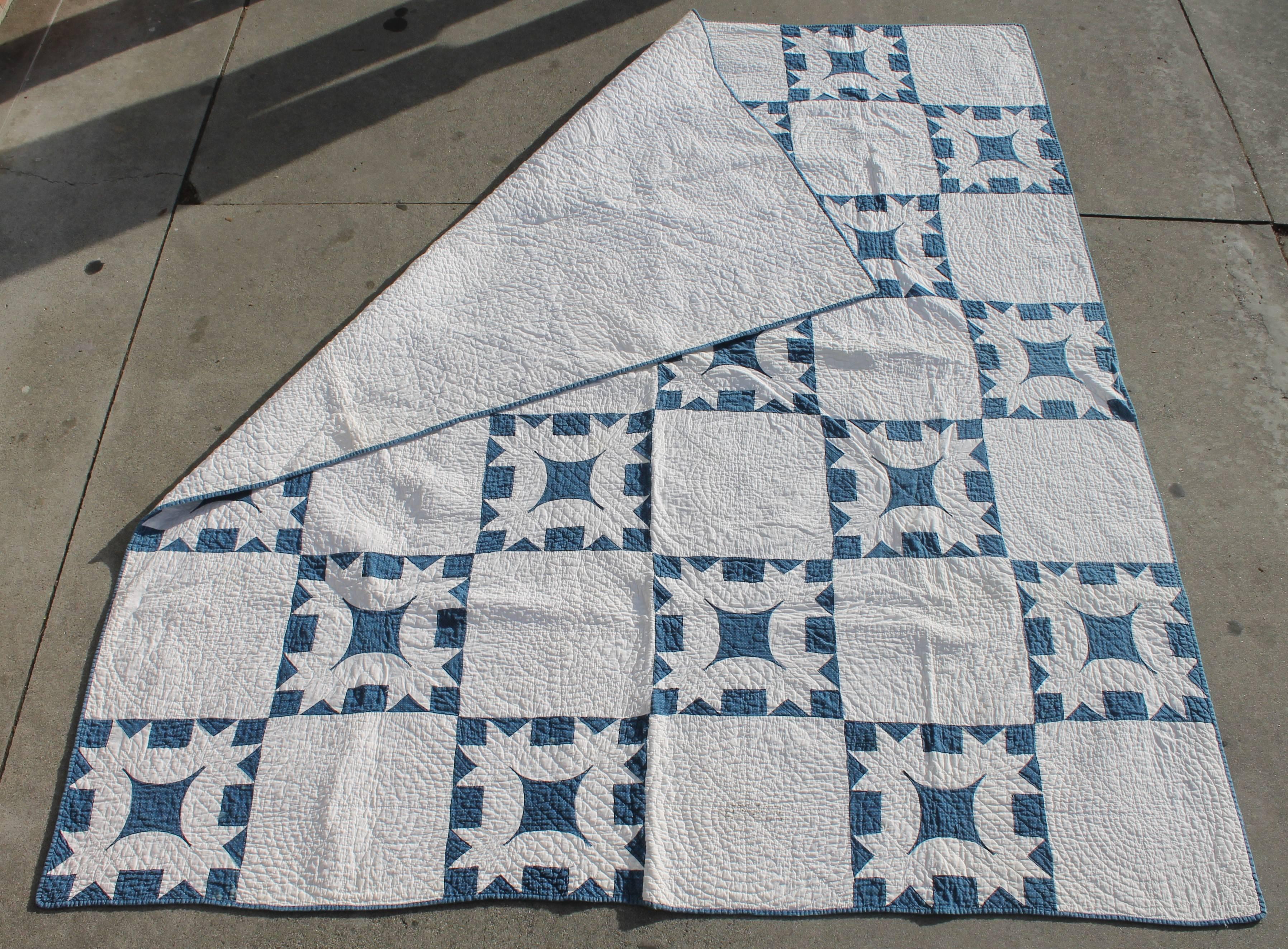 19th Century Quilt Blue and White Geometric 1