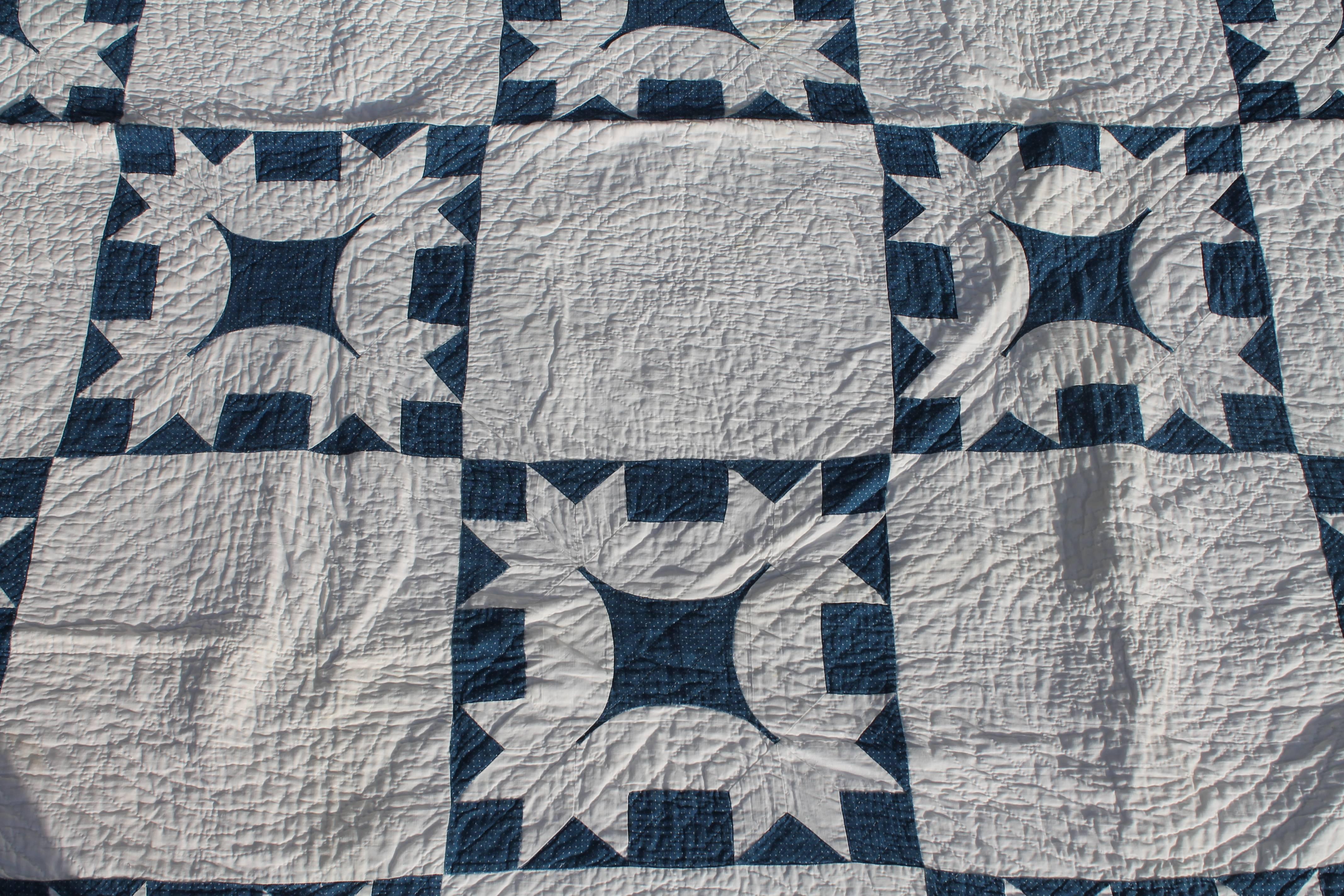 This finely quilted and pieced blue and white quilt is in pristine condition. This is a presentation quilt.
Signed Mary Aline Handay. A (word Unknown) from her grandmother Mary F. Goldin. 79 yrs of Age -1909-