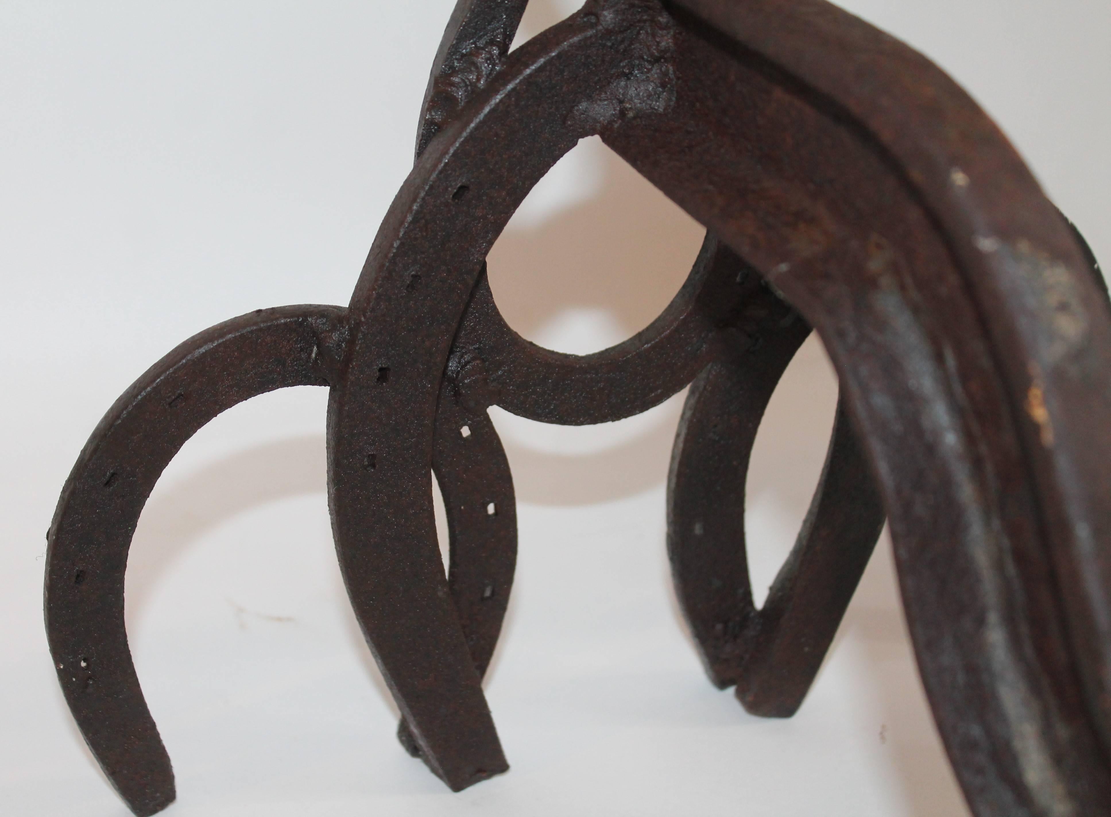 Iron 19th Century Folk Art Horseshoe Andirons / Handmade For Sale