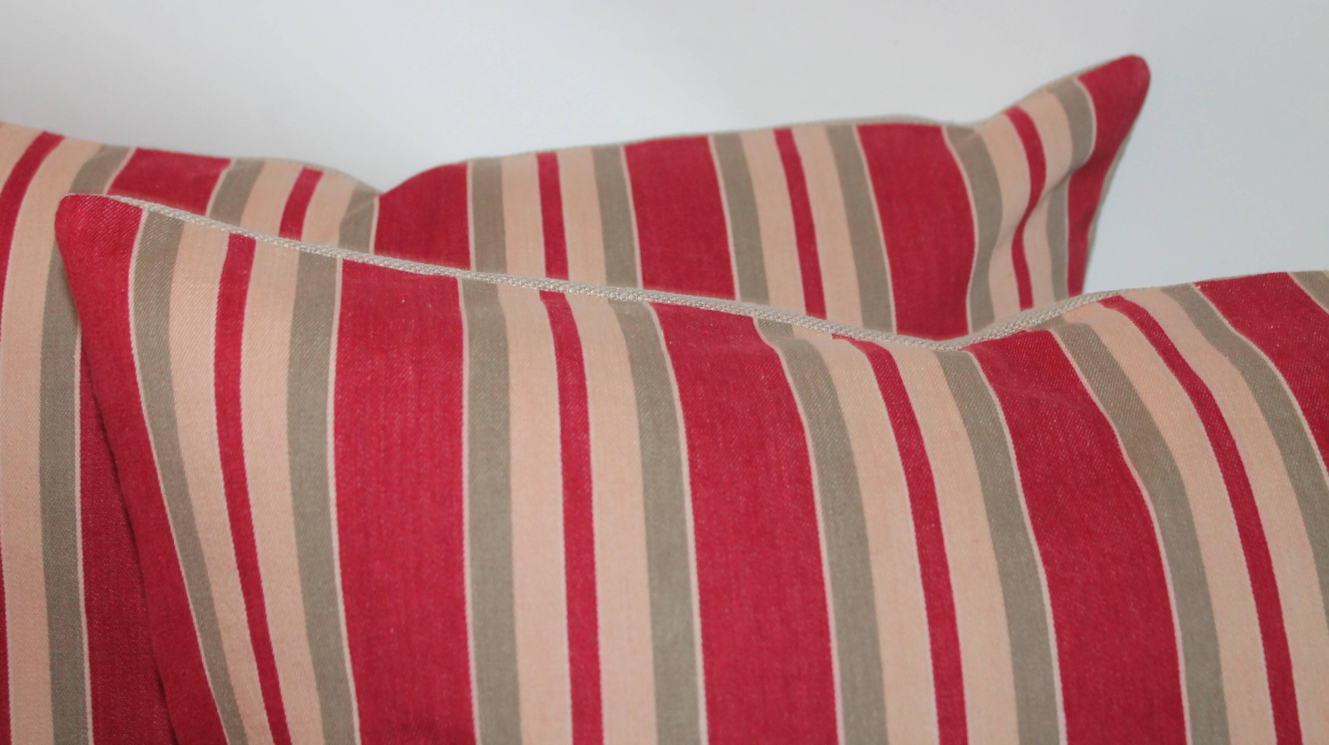 Country European Striped 19th Century Ticking Pillows, Pair For Sale