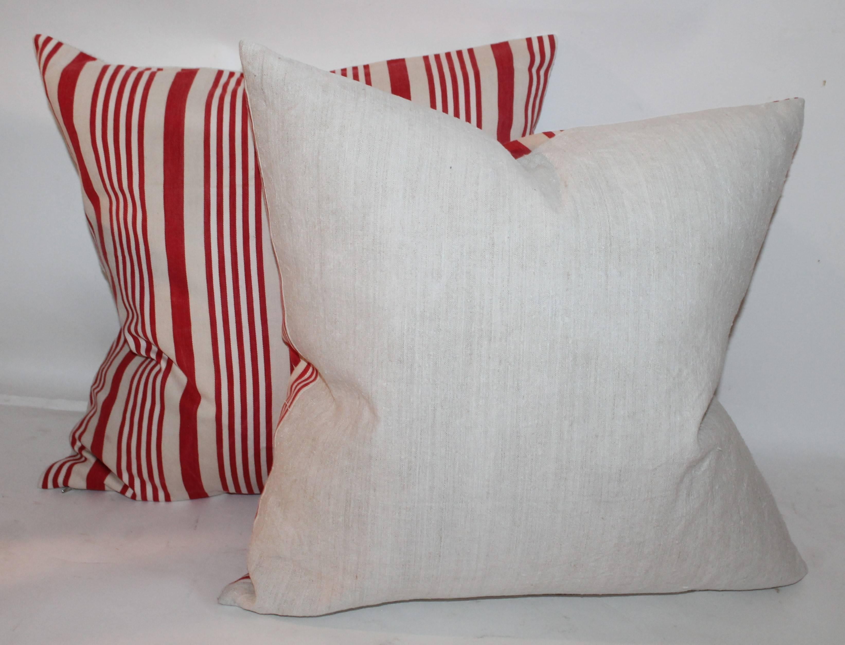 Hand-Crafted 19th Century American Ticking Stripped Pillows/Pair For Sale