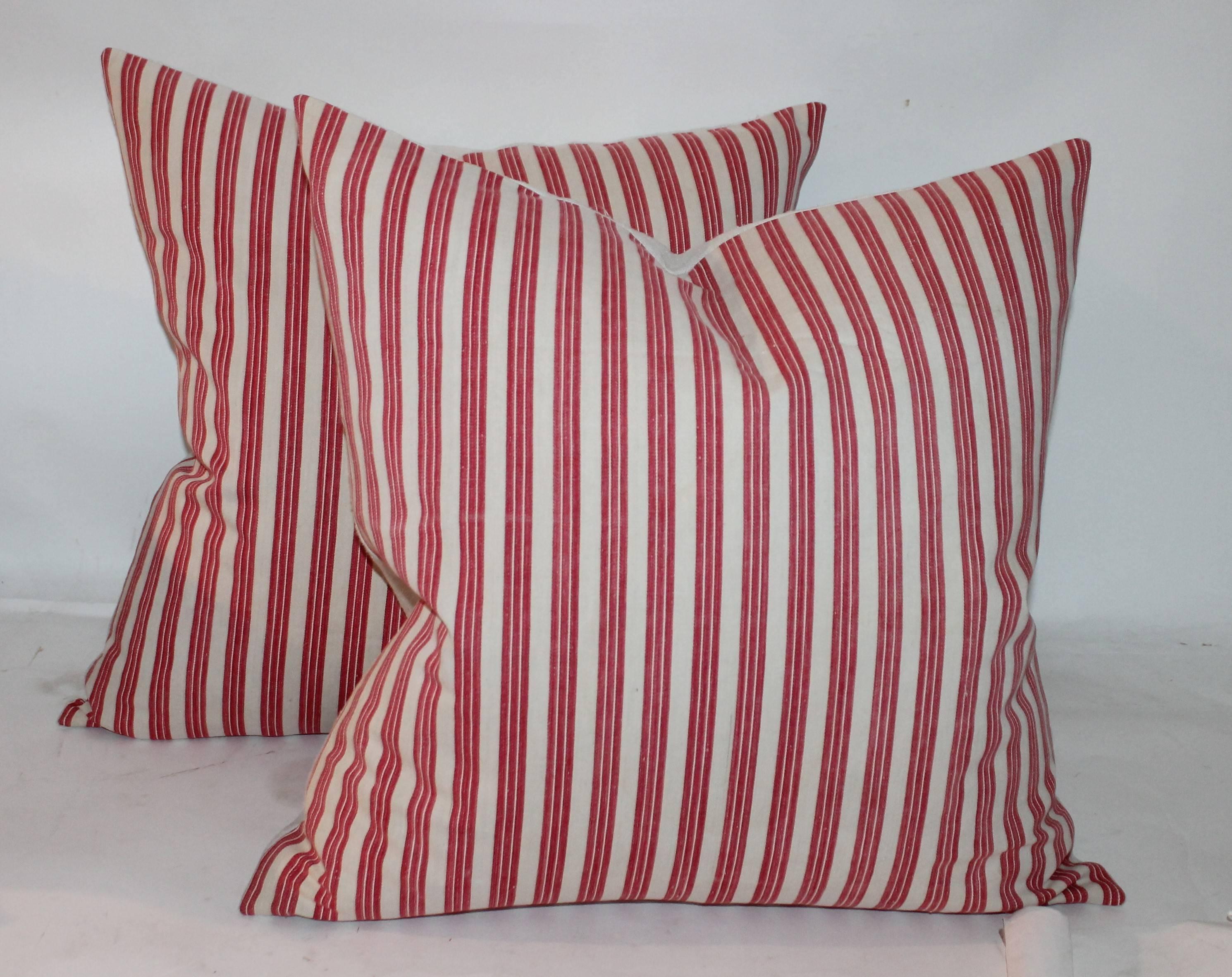 Cotton 19th Century Candy Stripe Ticking Pillows, Pair
