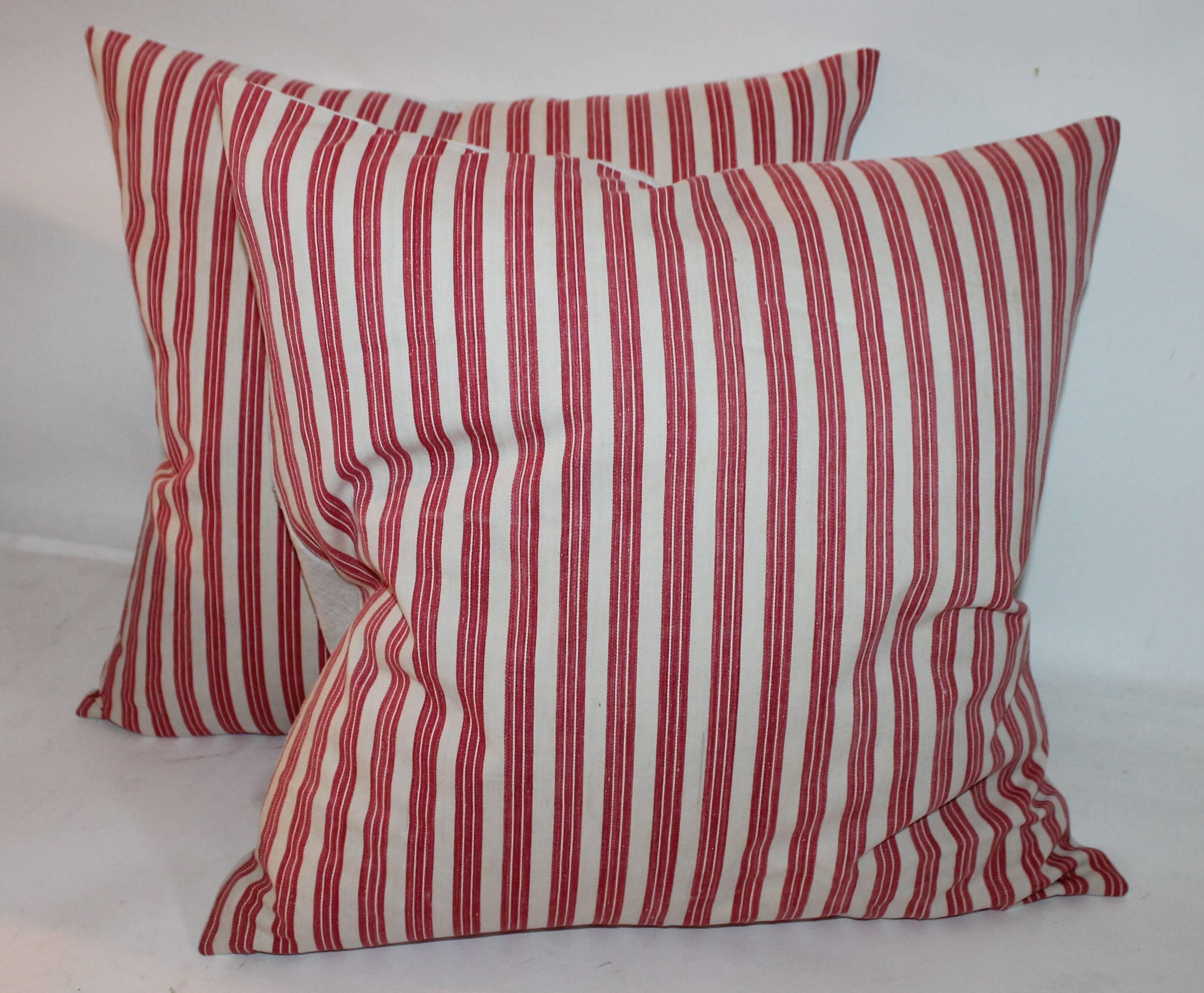 Country 19th Century Candy Stripe Ticking Pillows, Pair
