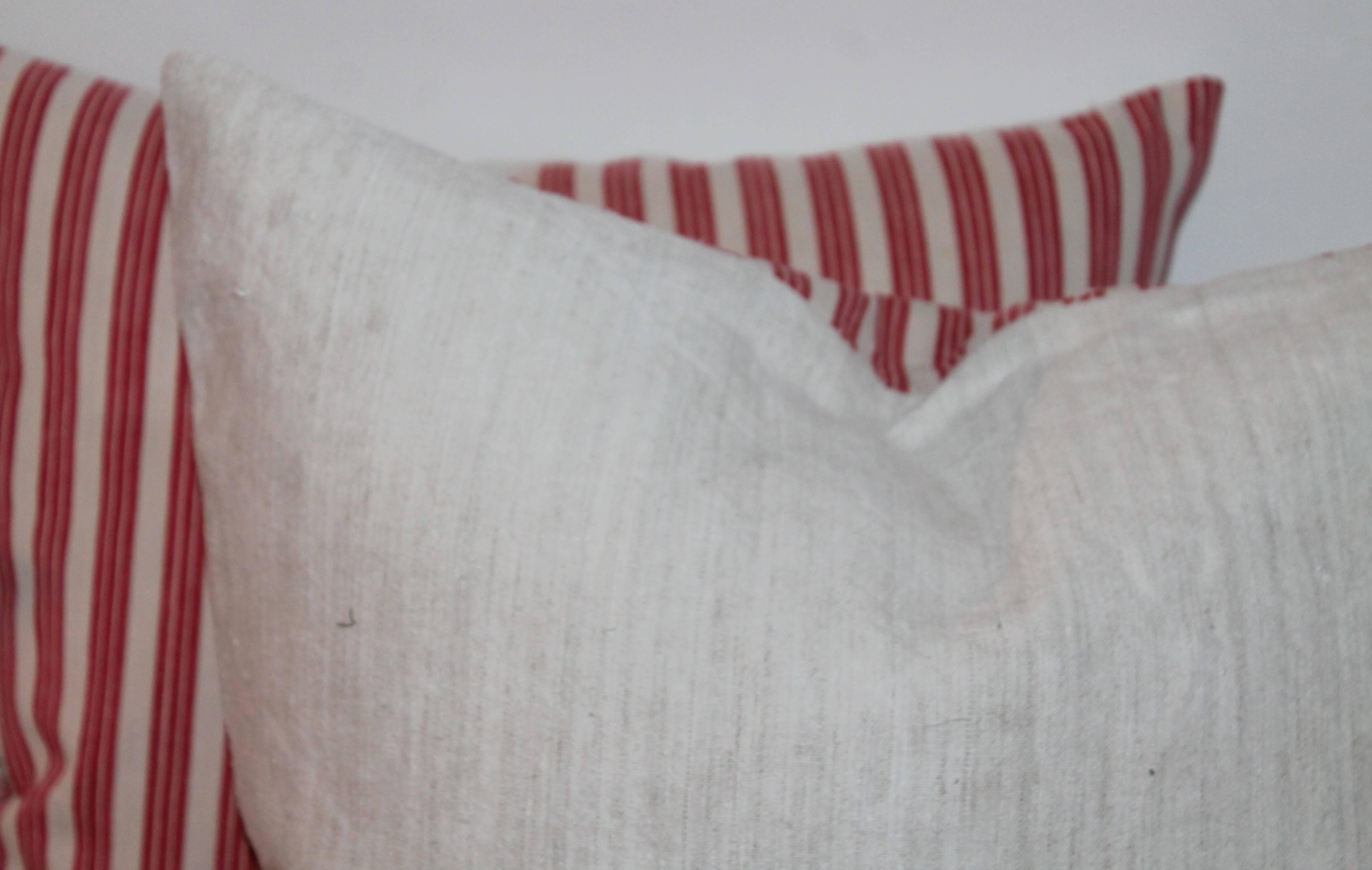 Hand-Crafted 19th Century Candy Stripe Ticking Pillows, Pair
