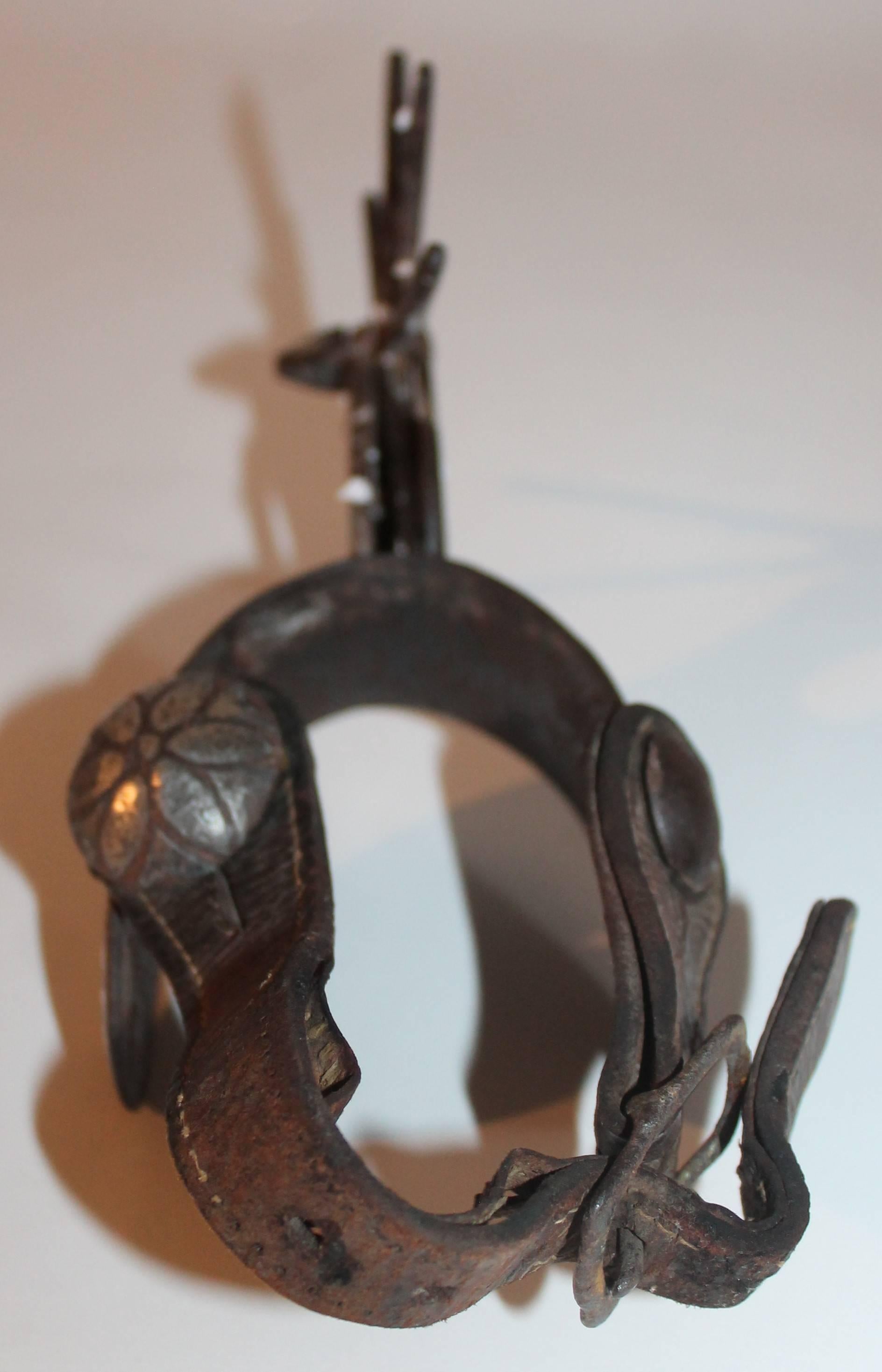 Leather 19th Century Cowboys Stirrup Signed J.B. in Silver Inlay in Iron