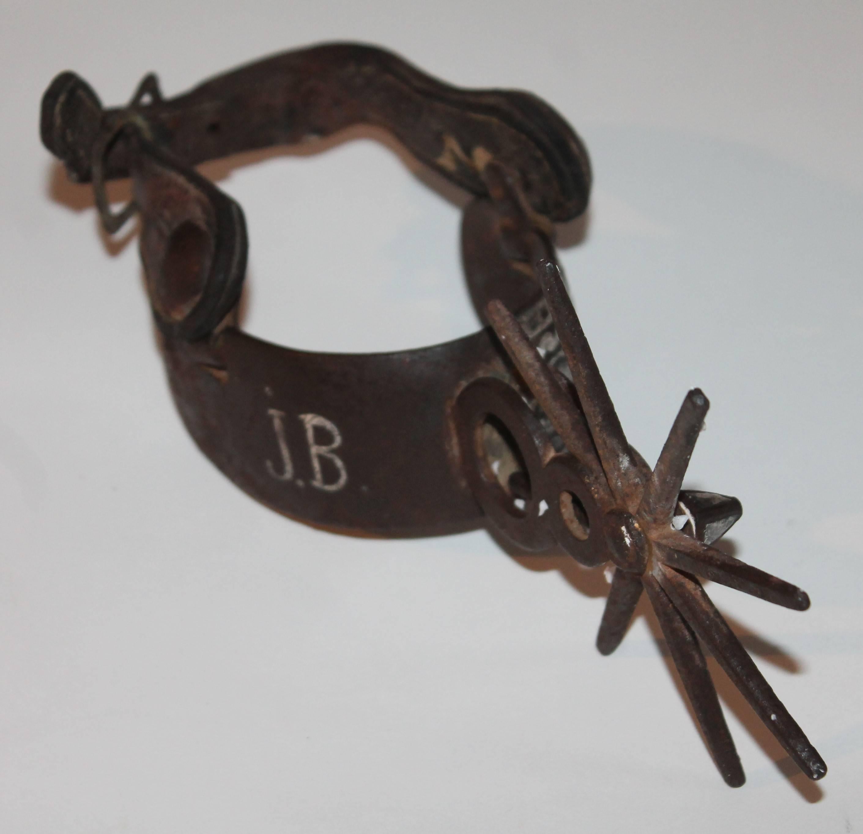 Hand-Crafted 19th Century Cowboys Stirrup Signed J.B. in Silver Inlay in Iron
