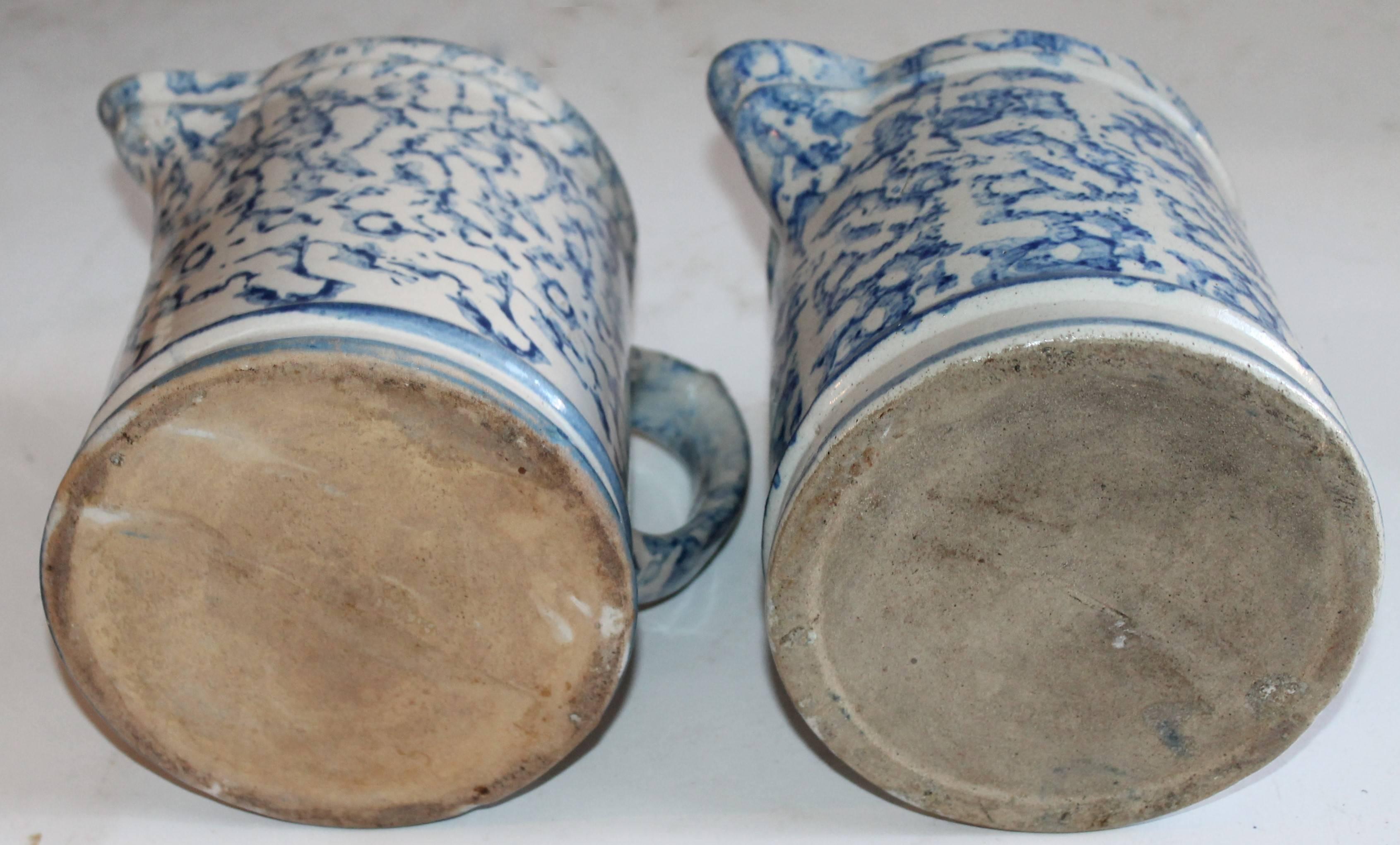 Spongeware 19th Century Pottery Pitchers, Pair 5