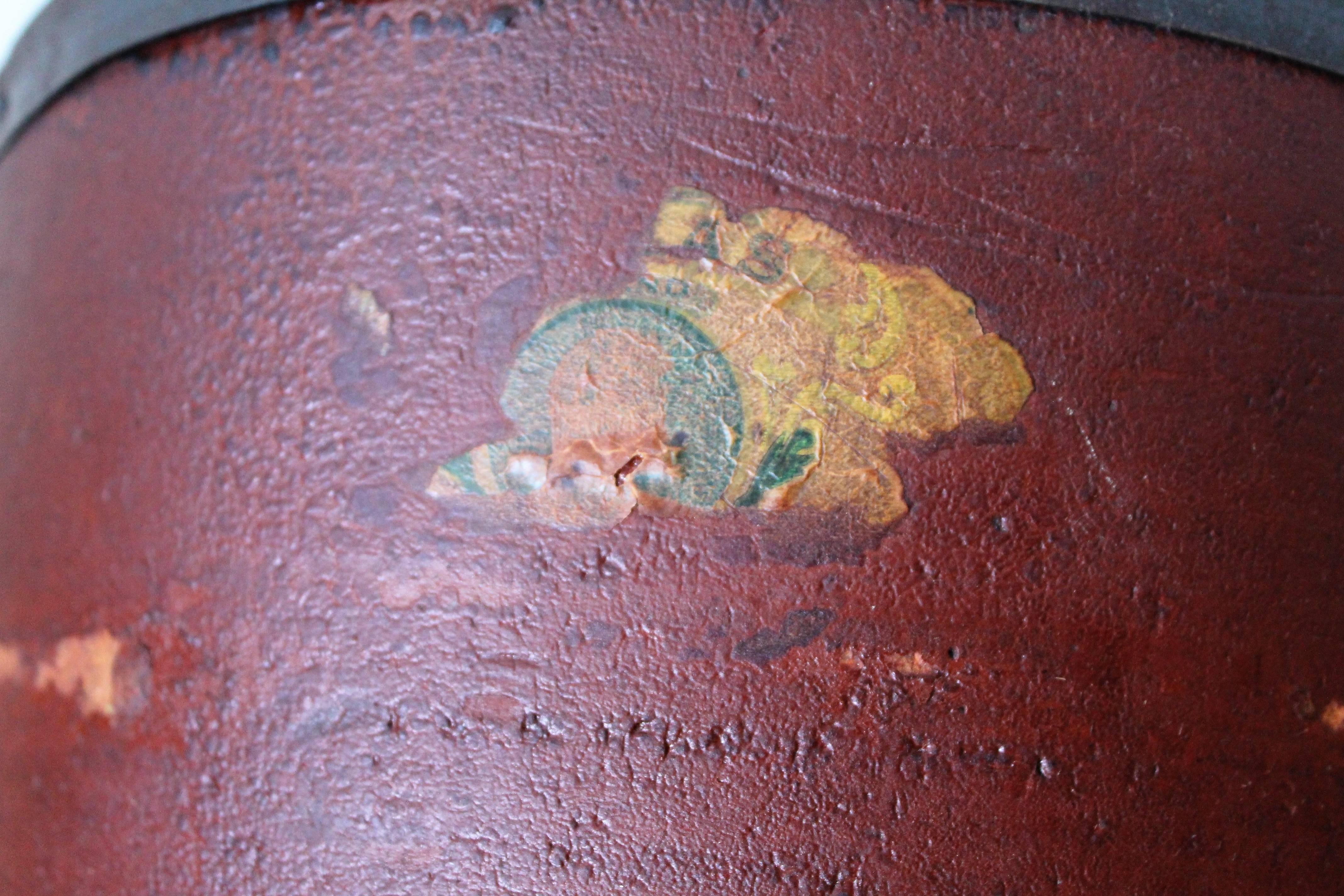 19th century original red painted fibre wood bucket in good condition. Signed and dated United Indurated Fibre Co. and dated May 24th, 1886. There is wear and chips on edge consistent from age and use. This is a usable bucket. Fantastic aged patina.