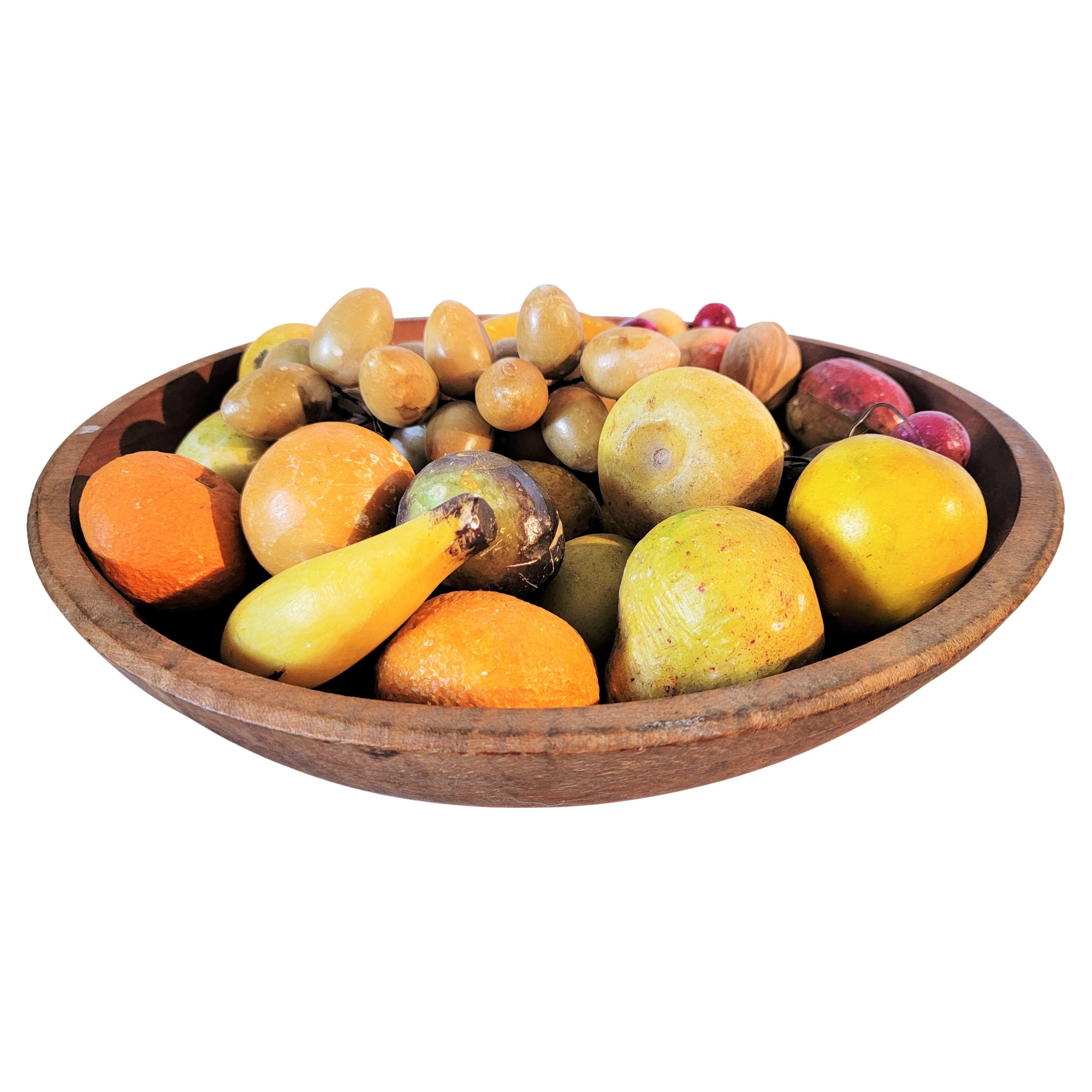 19th C Wooden Bowl with 40 Pieces of Stone Fruit