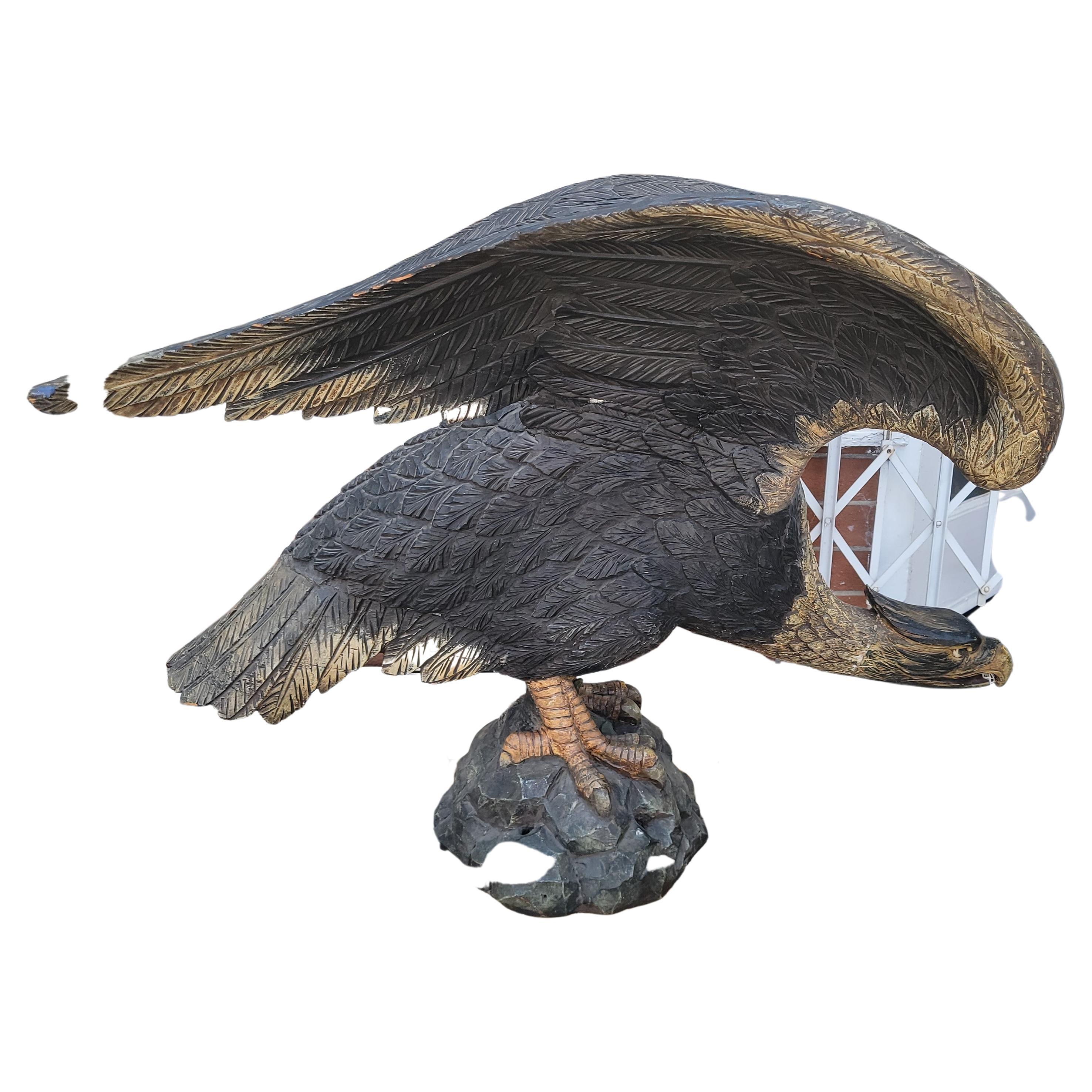 19th C Monumental Hand Carved & Painted Eagle Sculpture.  It is possibly from a Federal or government building. It's a Architectural Folk Art Element. The Eagle is carved of wood and has amazing Patina. This sculpture came from a 40 year Folk