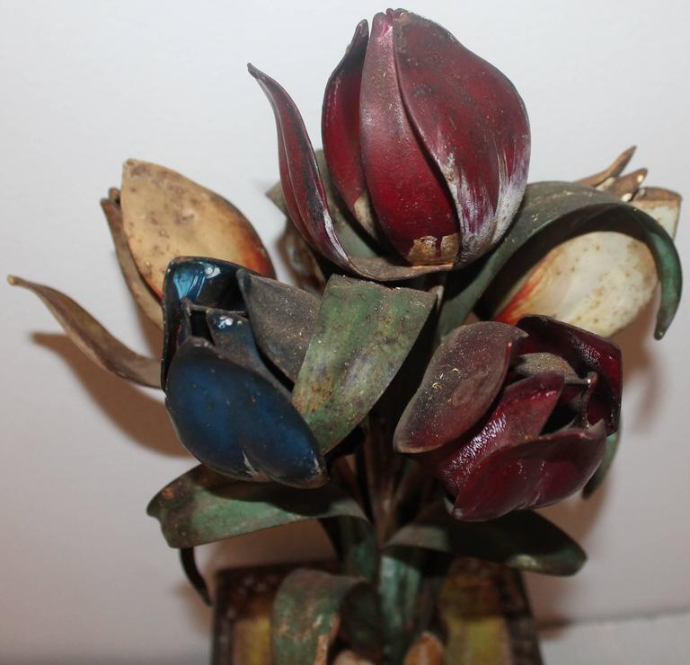 Late 19th Century Original Painted Tin Tulips in Basket Planter For