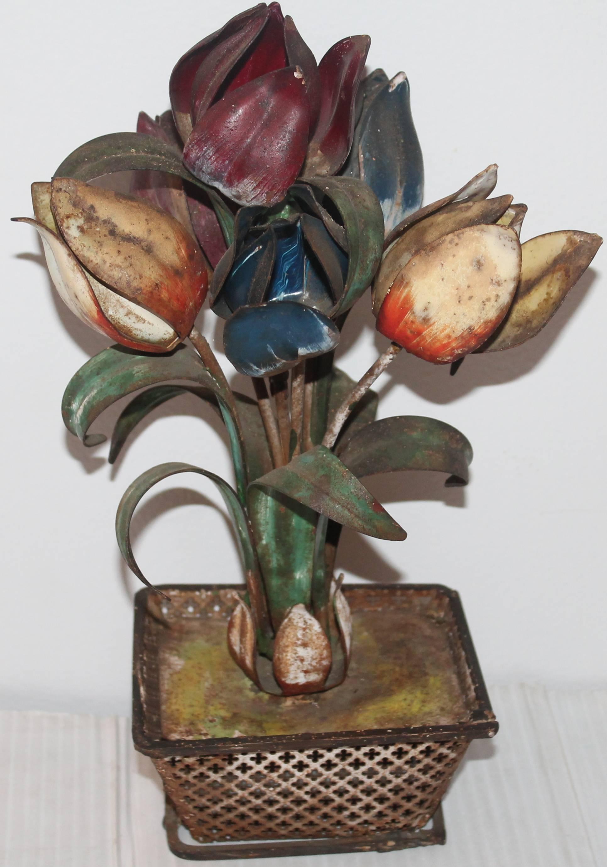 Metal Late 19th Century Original Painted Tin Tulips in Basket Planter For Sale