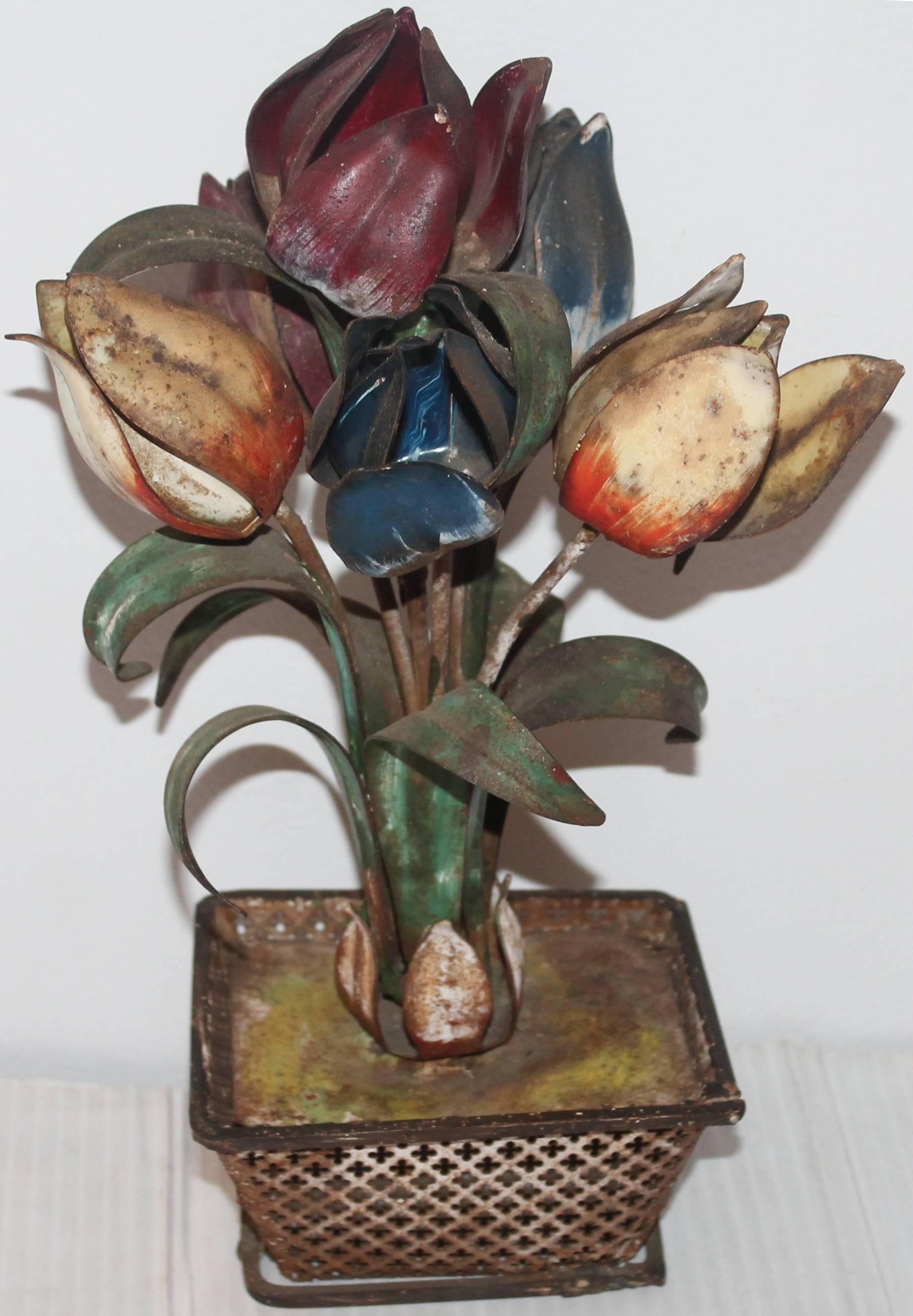 Late 19th Century Original Painted Tin Tulips in Basket Planter For Sale 1