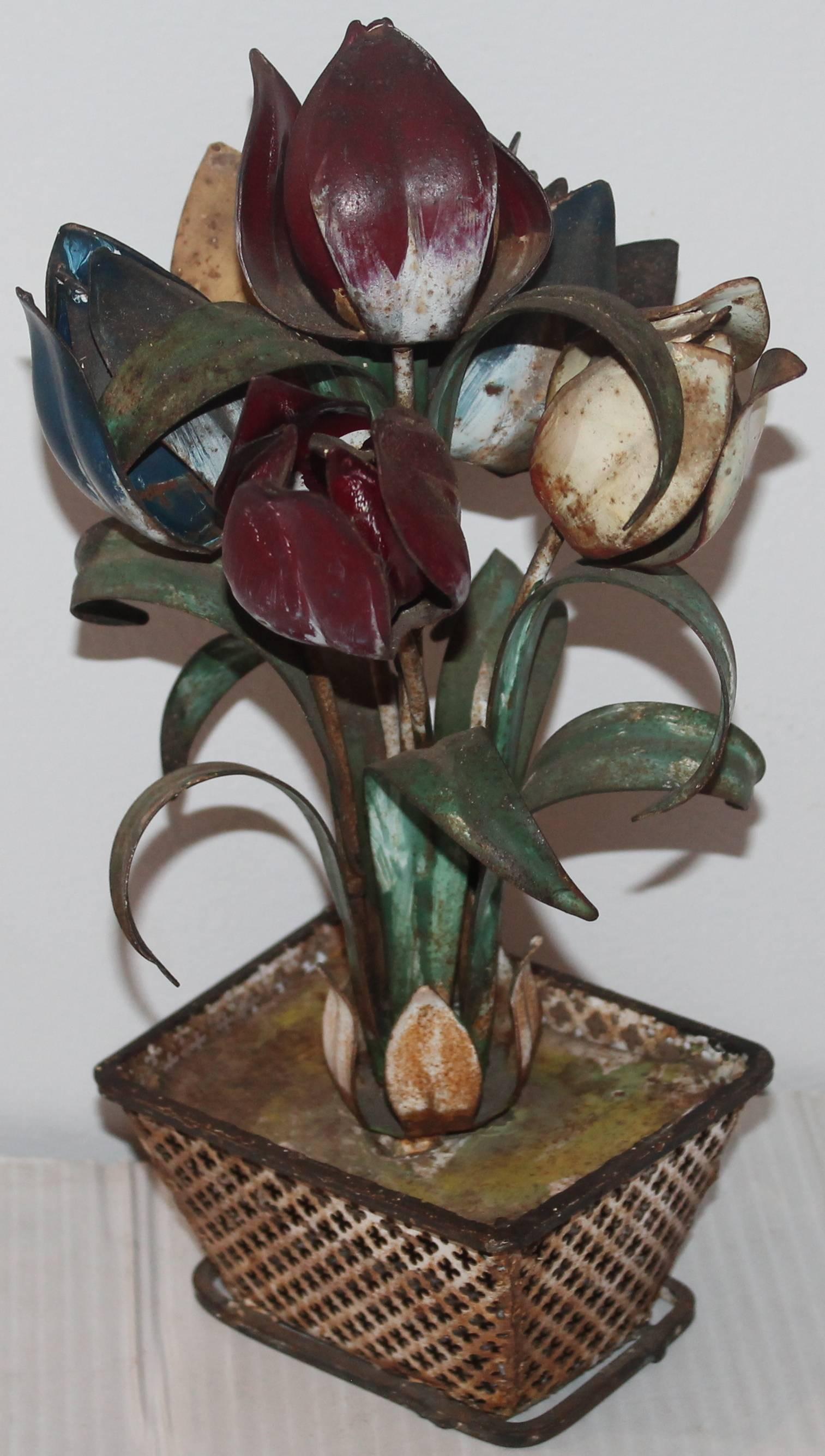 Late 19th Century Original Painted Tin Tulips in Basket Planter For Sale 2