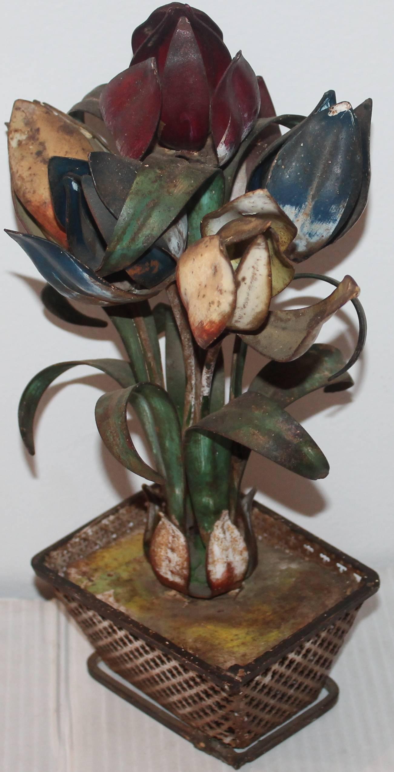 Late 19th Century Original Painted Tin Tulips in Basket Planter For Sale 3