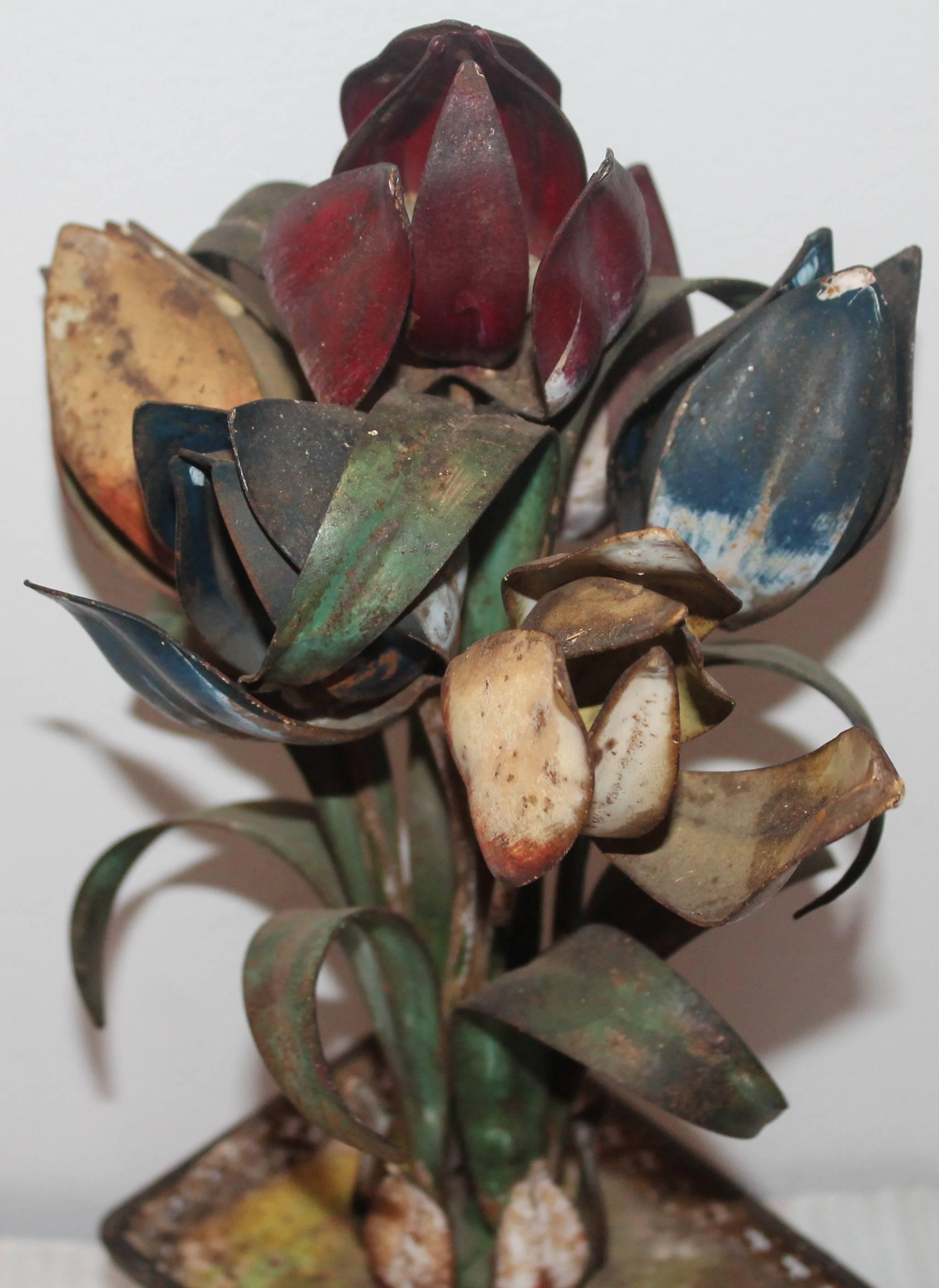 Late 19th Century Original Painted Tin Tulips in Basket Planter For Sale 4