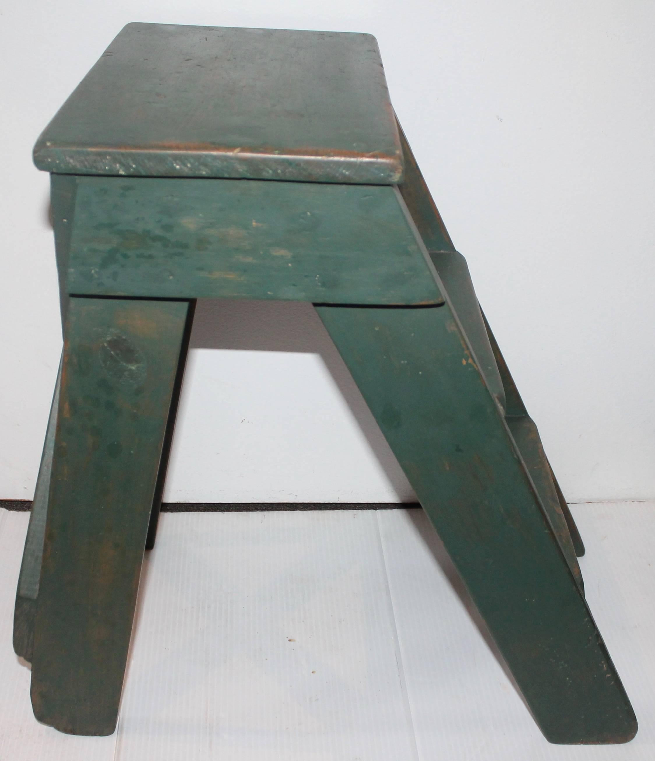American 19th Century Original Green Painted New England Step Ladder