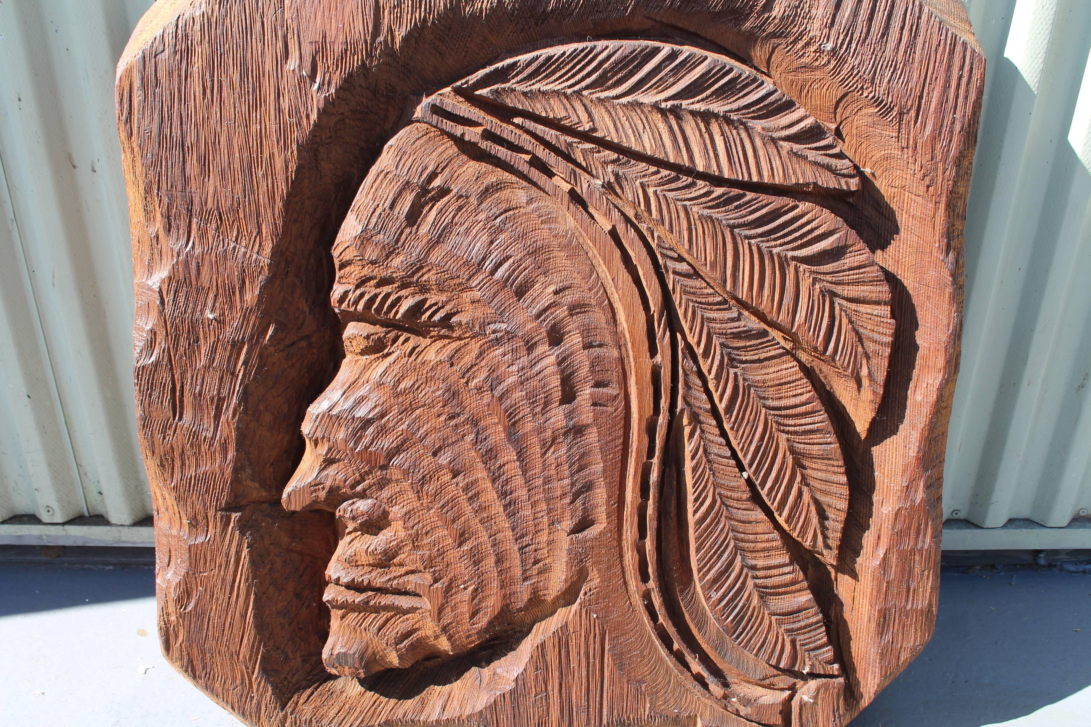 American Mid-Century Monumental Hand-Carved Indian Chief Carving For Sale