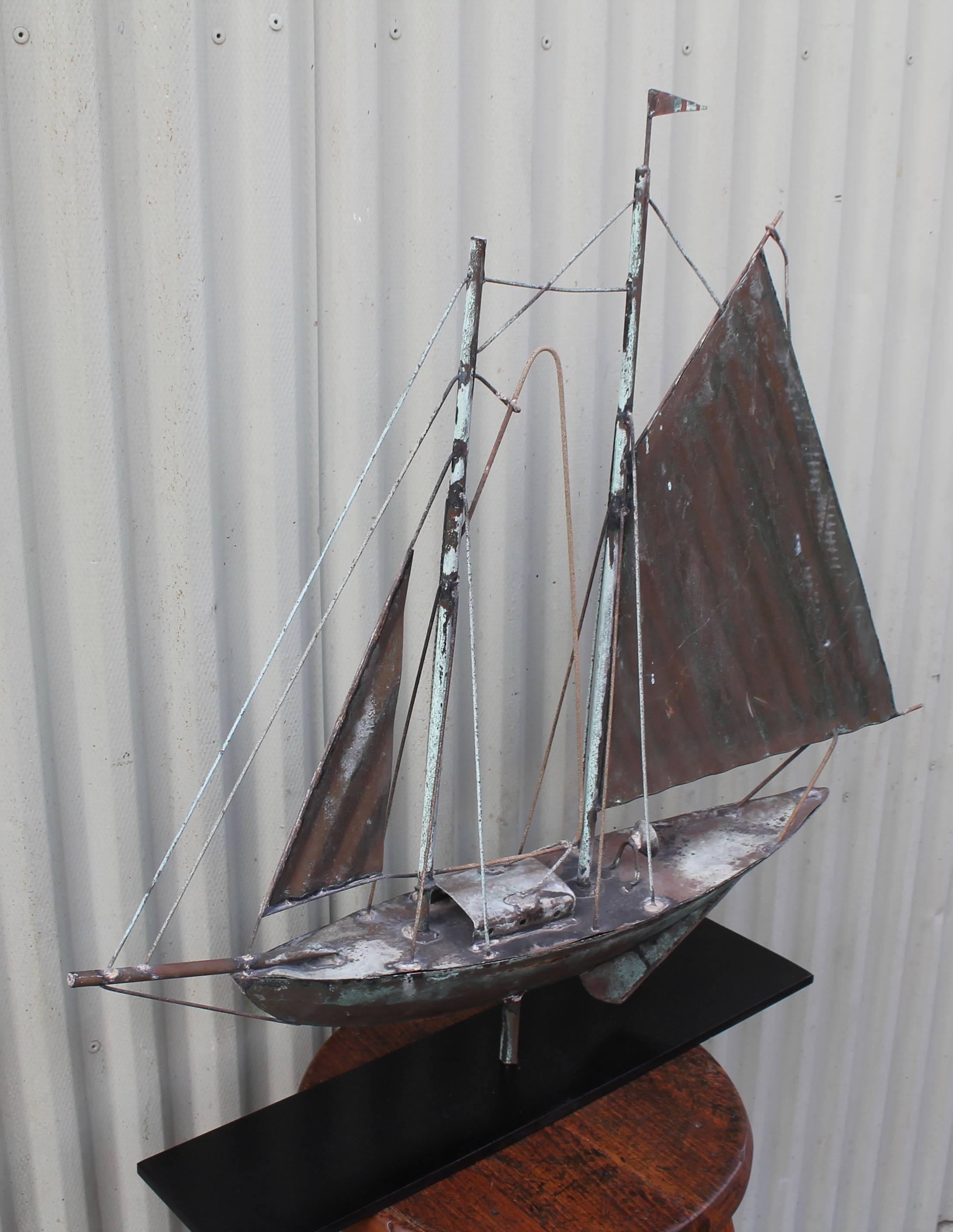 Early 20th Century Sailboat Weathervane from New England on Iron Base In Distressed Condition In Los Angeles, CA