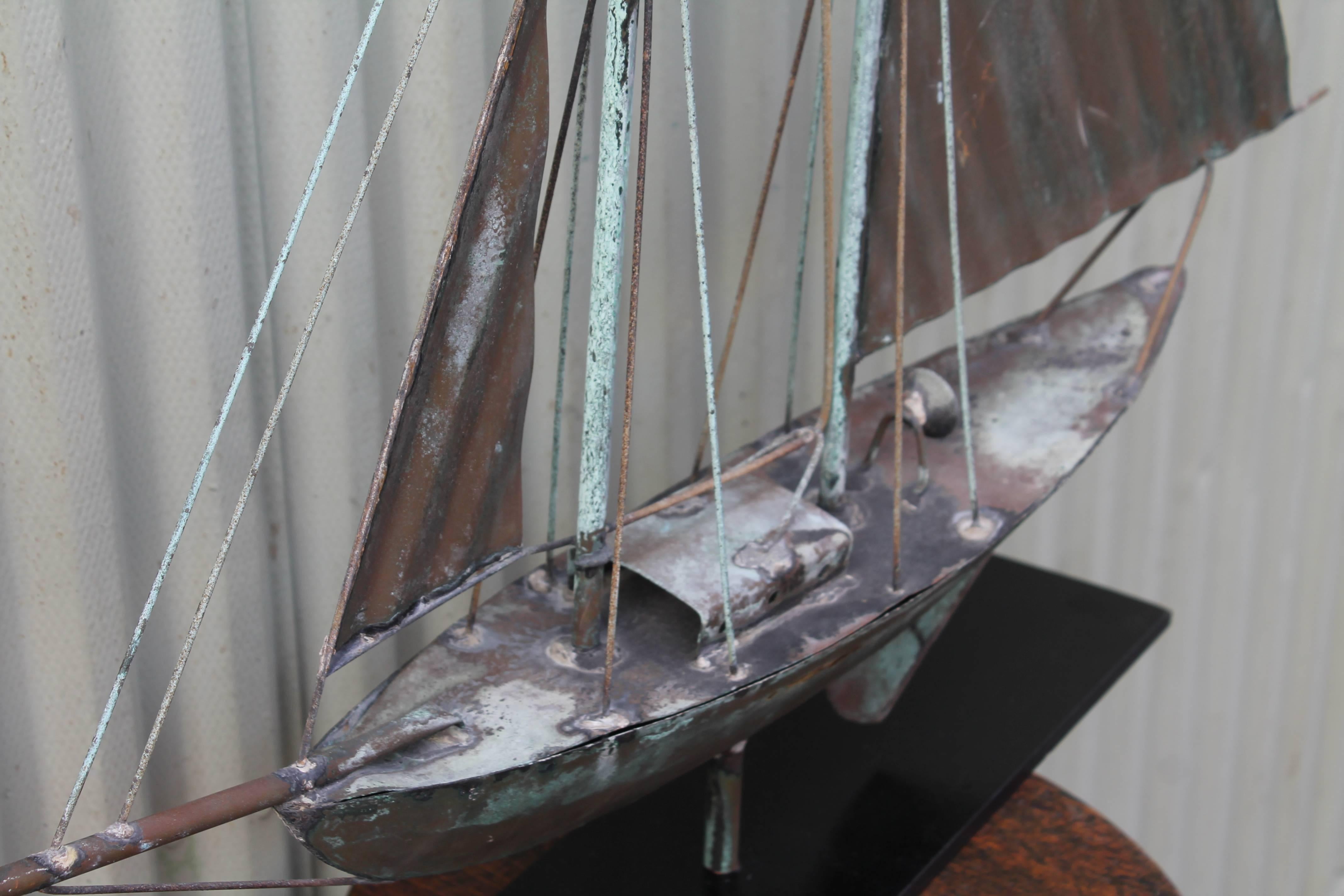 Copper Early 20th Century Sailboat Weathervane from New England on Iron Base