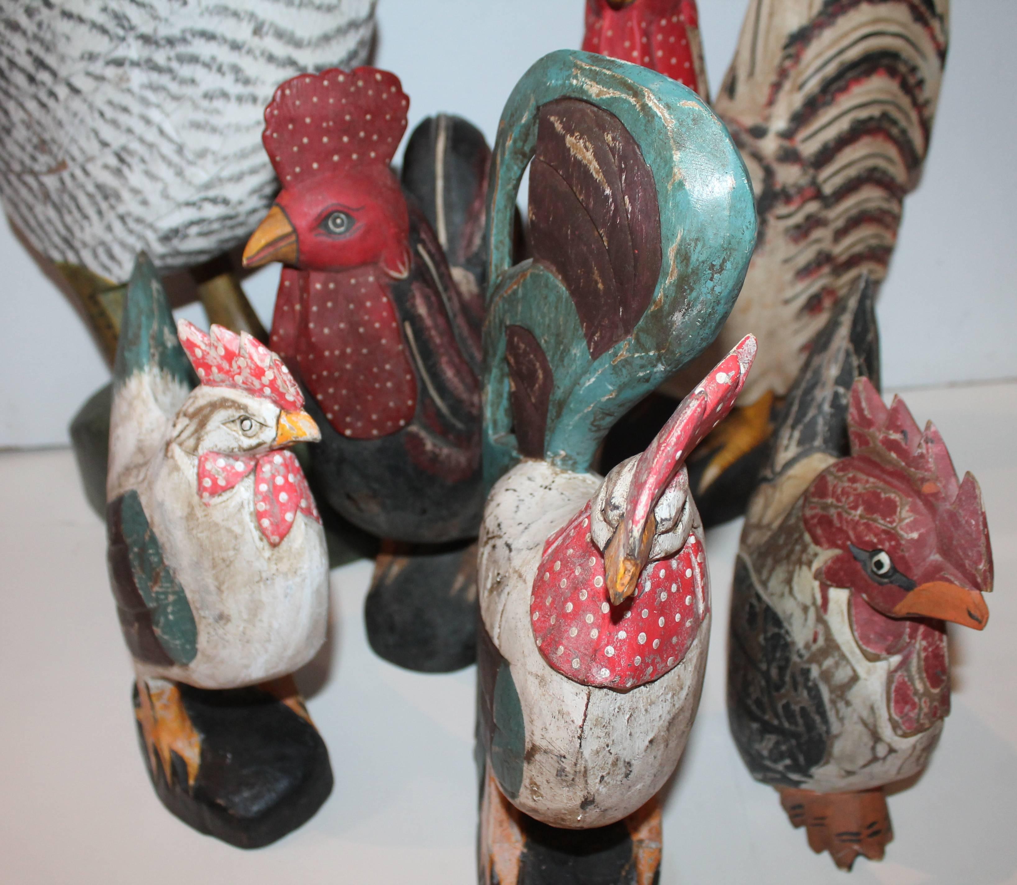 Mexican Collection of Six Folk Art Hand-Carved and Painted Roosters