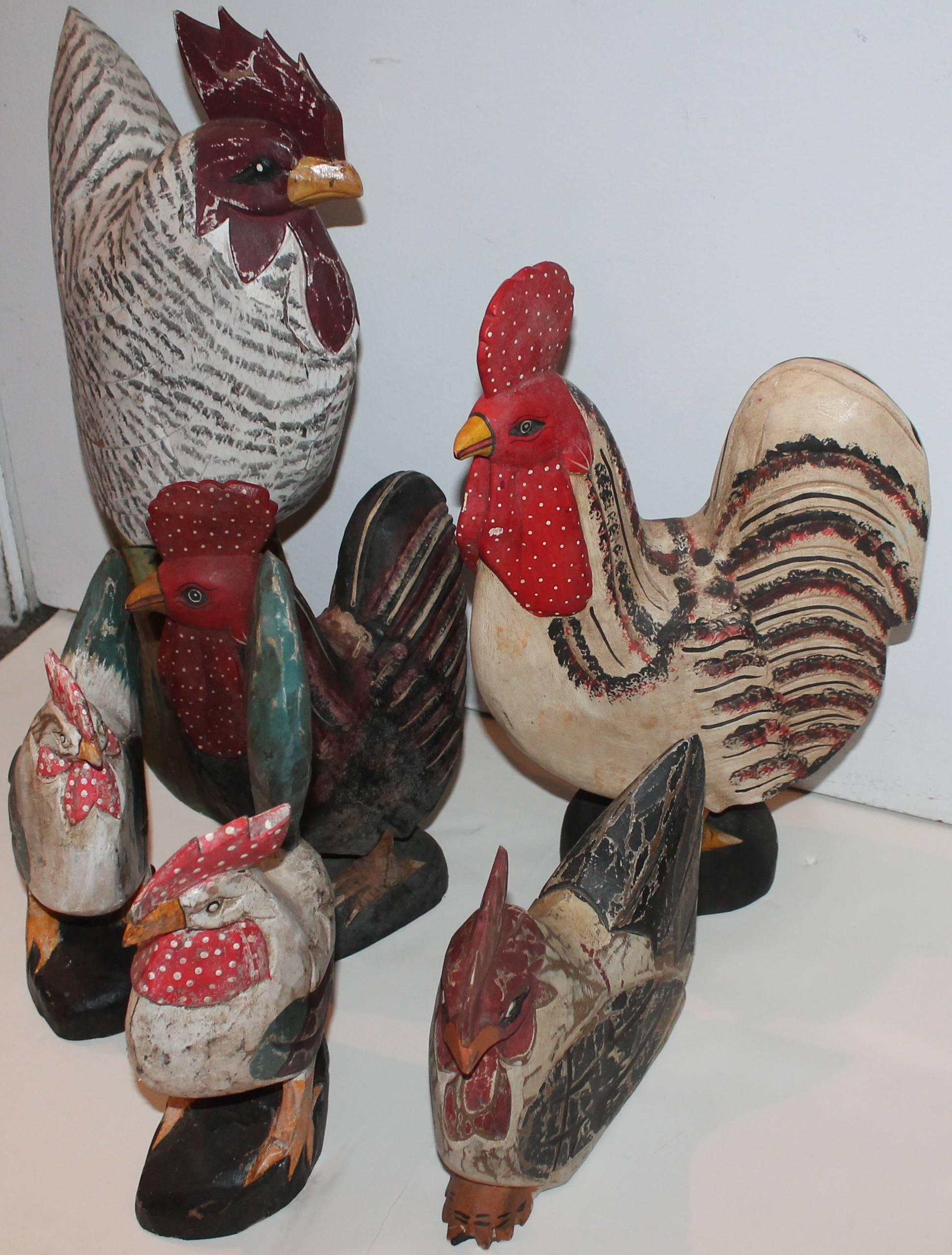 Collection of Six Folk Art Hand-Carved and Painted Roosters In Distressed Condition In Los Angeles, CA