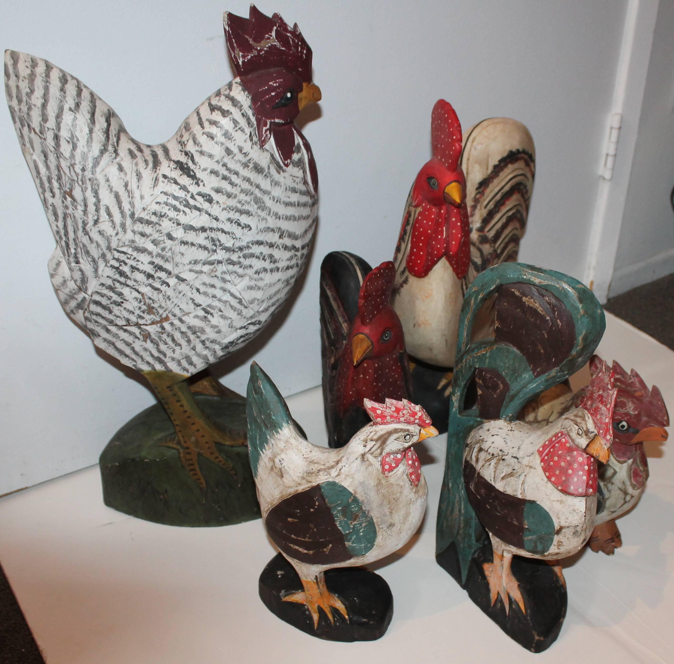20th Century Collection of Six Folk Art Hand-Carved and Painted Roosters